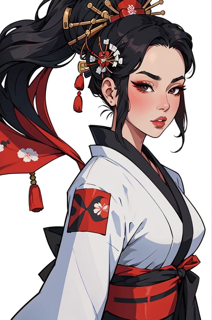 masterpiece,best quality,extreme detail,8k,white background,rogue2,1girl,solo,facing forward ,black hair, kimono, parted lips, Japanese geishas, geisha makeup