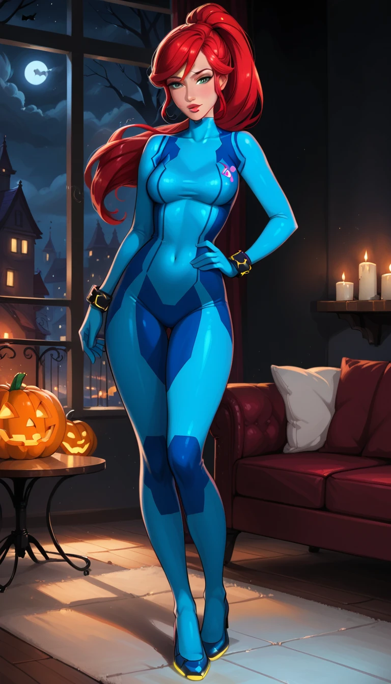 score_9, score_8_up, score_7_up, 1girl, solo, very sexy (Disney's Ariel, ar_el, fair skin, red hair, ponytail, bangs:1.4), wearing (Samus Aran costume, blue bodysuit, zero suit, full bodysuit, full coverage, bracelet, gloves, skin tight:1.5), confident, flirt, gaze, sexy look, cute smile, head tilt, filled lips, thick lips, standing, in the living room, hand on hip, feet apart, sexy pose, beautiful modern apartment, city living, (Halloween theme:1.3), night, dark, dimly lit, expressiveh d4rk01l, perfect hands, perfect proportions.