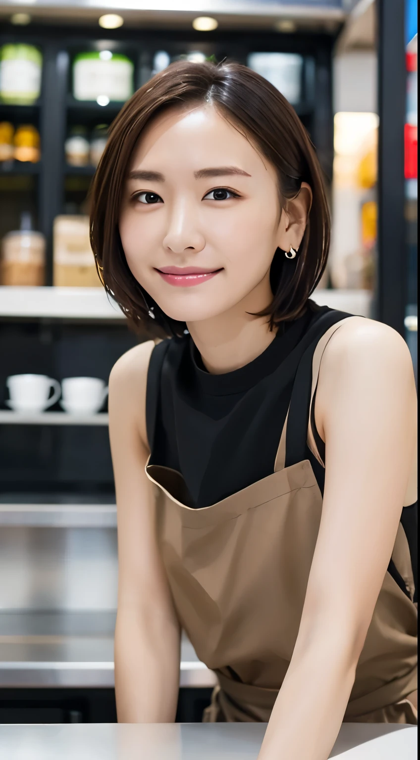 (Open Cafe、Cafe staff)、Earrings、(Cafe uniform)、short hair、They hesitate,、Wet Hair, Underarm,, (High color saturation:1.0), (Very detailed肌), (Please redeem:1.0), (Ultra-high resolution:1.0) ,(Realistic:1.0), (Very detailed:1.0), (8k, RAW Photos:1.1)、Center of chest、Spread your legs、Yoshizuki Iori、(Front View)、Brown Hair、slender、、ponytail、Serving customers at the counter