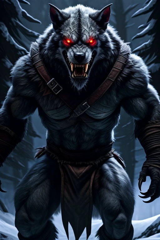 Anthro, Ulfhedinn, the witcher 3 wild hunt, male, black fur, detailed fluffy fur, muscular, full body, claws, fangs, correct anatomy, red glowing eyes, cinematic, high resolution, detailed background, night time, snarling maw, looking at viewer, snowy forest background, loincloth, sheath, balls