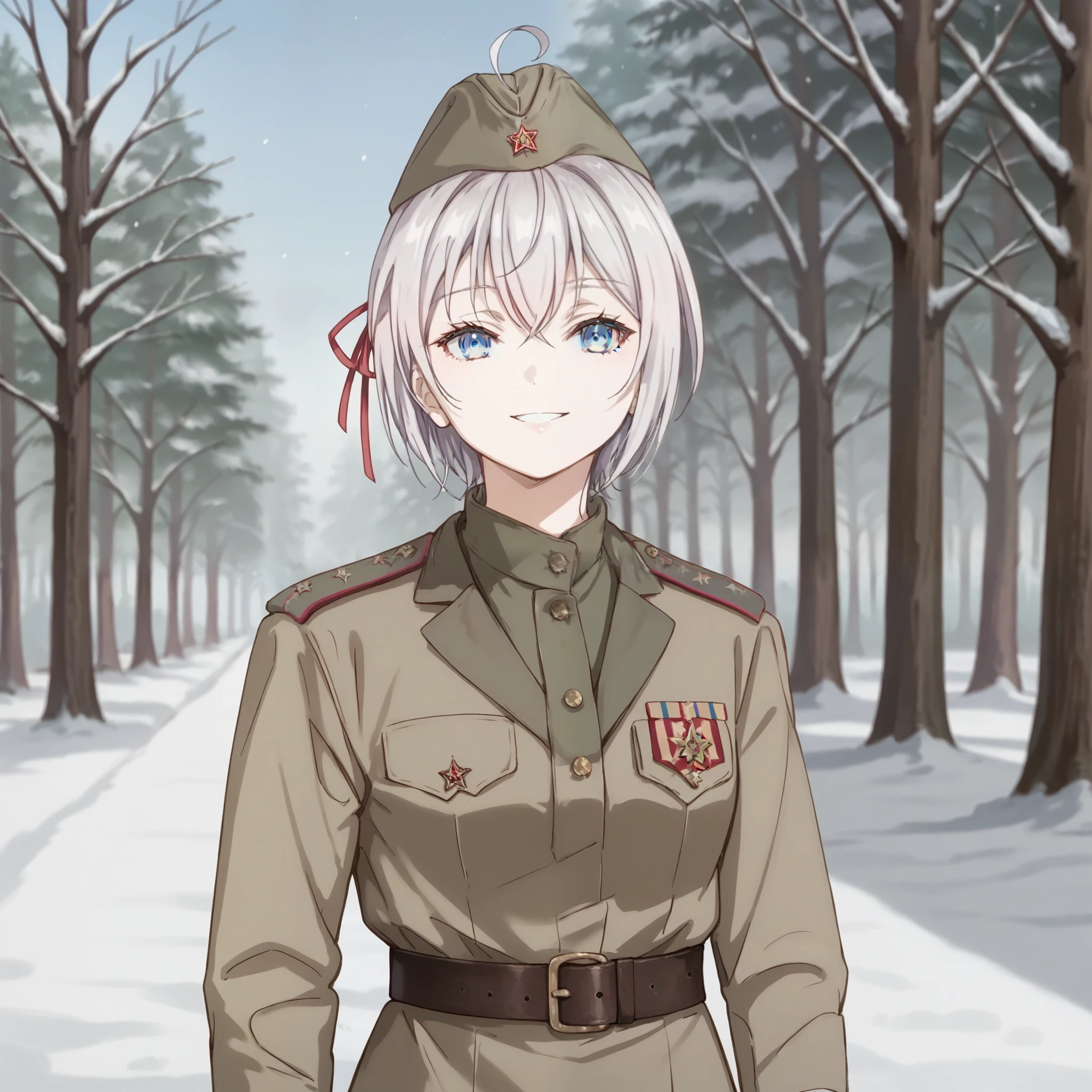 score_9, score_8_up,score_7_up, score_6_up,source_anime, alya, long hair, silver hair, ahoge, crossed bangs, hair ribbon, sidelocks, blue eyes, Soviet Military uniform, Soviet garrison cap, belt, short hair, look at the viewer, smile, skirt, outside, tree, winters, snow
