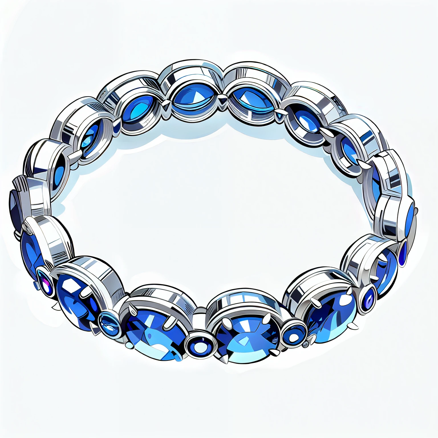 CW 100, iw 2,CW 100，iw 2， Beautiful game icons，Cartoon Style，Anime style， 2D Video Game Assets,Chibi， Sapphires of the same size and shape are set on the bracelet ， Symmetrical sapphires surround a silver bracelet 。Sapphire bracelet ， Use round-cut blue gemstones set in pure white gold，Exquisite design。 The edge of the bracelet is adorned with a delicate border of diamonds 。Game props design， cartoon game art style ，White background，No shadow，No other elements around  