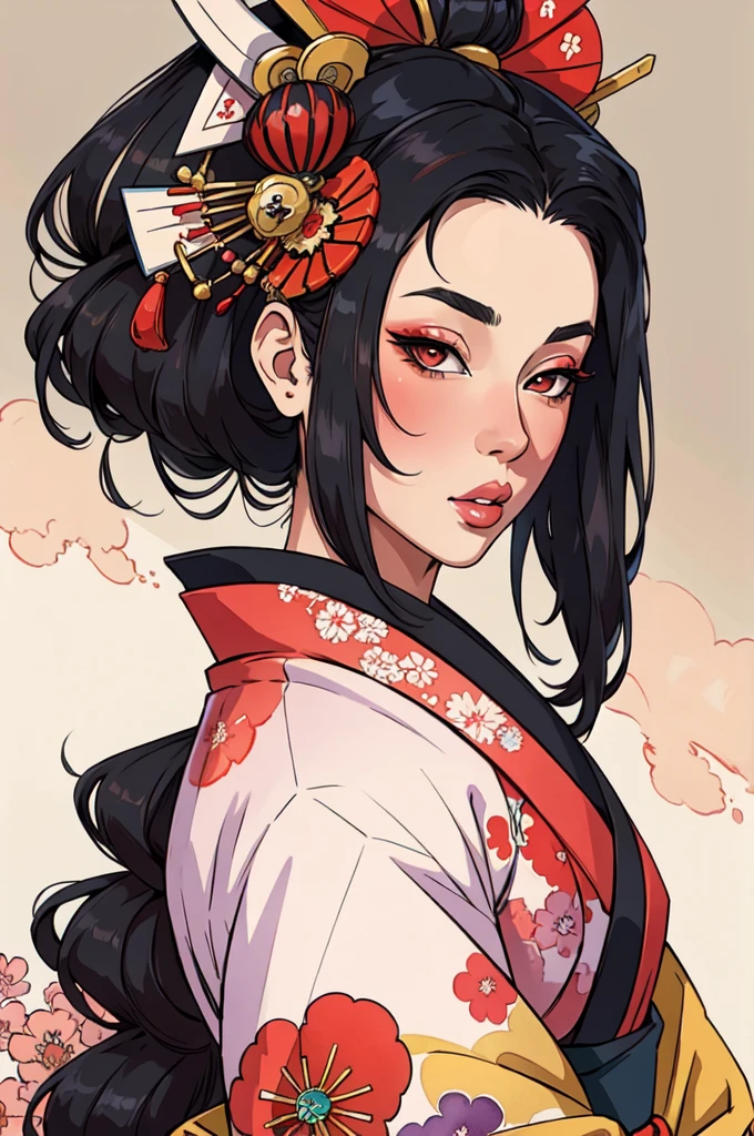 masterpiece, best quality, extreme detail, 8k,watercolor background, 1girl, solo, facing forward ,black hair, brightly colored kimono, parted lips, Japanese geishas, geisha makeup