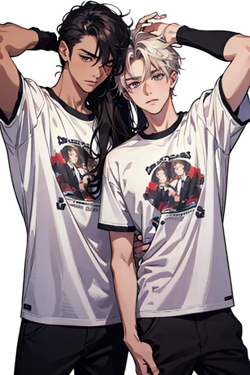 two thin cute boys in very short white swimming trunks, Hesitate. brown hair and dark green eyes, kiss on the lips