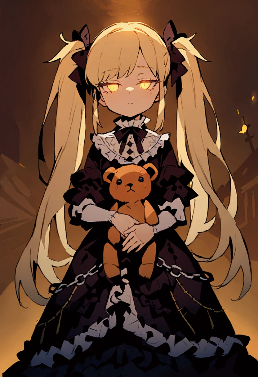 超detailed、Best Quality、masterpiece、 cartoon style、detailed、Best Quality、masterpiece、a girl、Beige Hair、Long Hair、Twin tails、Expressionless、Half-closed eyes、Frilly clothes、Gothic clothing、Holding a teddy bear、Golden glowing eyes