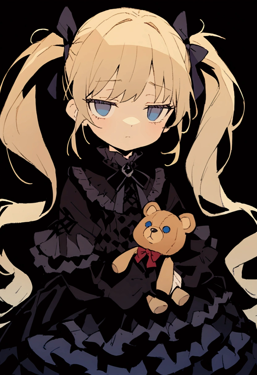 超detailed、Best Quality、masterpiece、 cartoon style、detailed、Best Quality、masterpiece、a girl、Beige Hair、Long Hair、Twin tails、Expressionless、Half-closed eyes、Frilly clothes、Gothic clothing、Holding a teddy bear、empty eyes、blue eyes