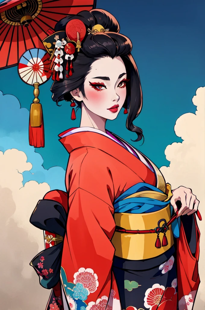 masterpiece, best quality, extreme detail, 8k,watercolor background, 1girl, solo, front facing view ,black hair, brightly colored kimono, parted lips, Japanese geishas, geisha makeup, traditional geisha hair and makeup