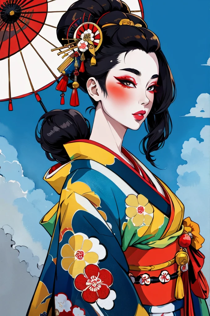 masterpiece, best quality, extreme detail, 8k,watercolor background, 1girl, solo, front facing view ,black hair, brightly colored kimono, parted lips, Japanese geishas, geisha makeup, traditional geisha hair and makeup