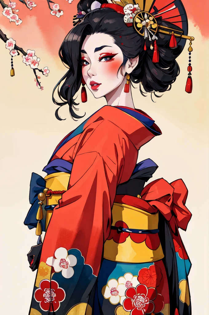 masterpiece, best quality, extreme detail, 8k,watercolor background, 1girl, solo, front facing view ,black hair, brightly colored kimono, parted lips, Japanese geishas, geisha makeup, traditional geisha hair and makeup