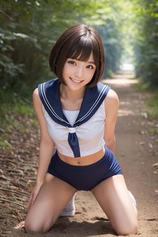 (Solo:1.5), (a detailed full-body RAW photo of a girl), (masutepiece:1.0), (Best Quality:1.4), (超A high resolution:1.2), (Photorealistic:1.4), 8K resolution, Canon EOS R5, 30mm, absurderes, ultra-detailliert, (20yr old), Sharp Focus, Cinematic lighting, Detailed beautiful face, (no-makeup:1.2), (ulzzang -6500-v1.1), petite figure, Detailed skin texture, flat chest, (skinny and fit body:1.6), Detailed brown hair,  sweltering,(Very short hair:1.5), (Japan school uniform, White Sailor Uniform:1.5), ((Grape Pleated Mini Skirt)) See-through, realistic glistening skin, (Sweating:1.2), Detailed texture, (Japan National Team Players:1.5), (flat chest:1.5), (Erect nipples:1.2), NFSW, (Wet body:1.5), (Japan Schoolgirl:1.5), (Smile:1.5), (At school), NSFW, (Stick your butt out and look back:1.5), (Bra seen through the shirt:1.5), (hip focus:1.3), full body, ((from below:1.5)), (panty shot:1.5), ((The shirt is transparent and the bra is visible)), ((upskirts))