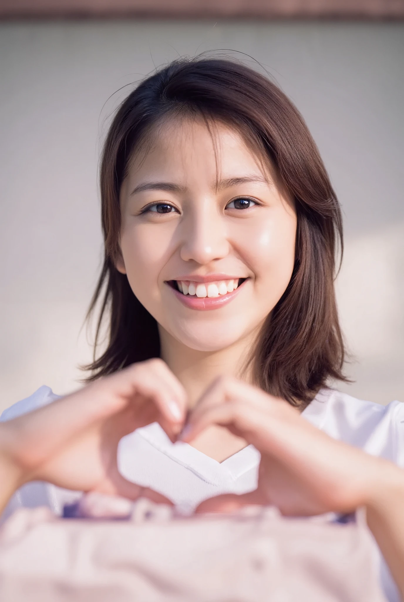 Smiling face with hands making a heart shape:2.0、 (Ultra-Accurate Human Anatomy, Best Quality、RAW Photos、8k、32K、masterpiece、Realistic、Photorealistic:1.37)、Cute Japanese women images、Tank tops、Photographed in natural light、Upper Body、1 girl、Photo Mapping、Physically Based Rendering、Excellent image quality、High resolution、1080P、(Beautiful Face)、(Detailed description of the face)、(Detailed explanation of the hand setter&#39;s muscle area)、(Detailed CG)、Rich details、(Stunning Features:1.35)、(Detailed eyes)、I look forward to your eyes、Delicate clavicle、Various poses、非常にリアルで詳細な若い女性のUpper Bodyポートレート。The skin is clear、A soft light reflects off the high points of the cheeks.、Fine pores and hair follicles、Even the thinnest blood vessels are visible。The skin is smooth、A natural flush to the cheeks、Gives off a healthy glow。The eyes are large and clear blue、The iris has a fine pattern、The light reflects off your eyes and shines。There is a slight shadow under the eye、Eyelashes are long and naturally curled。Her lips are a soft pink color、Smooth texture and natural shine、Reflects light slightly。The woman is wearing a simple white top.、The background is a faint monochromatic gradient.、焦点は完全に顔とUpper Bodyに当たっている。Realistic shadows and textures、The depiction is like a photograph.。
