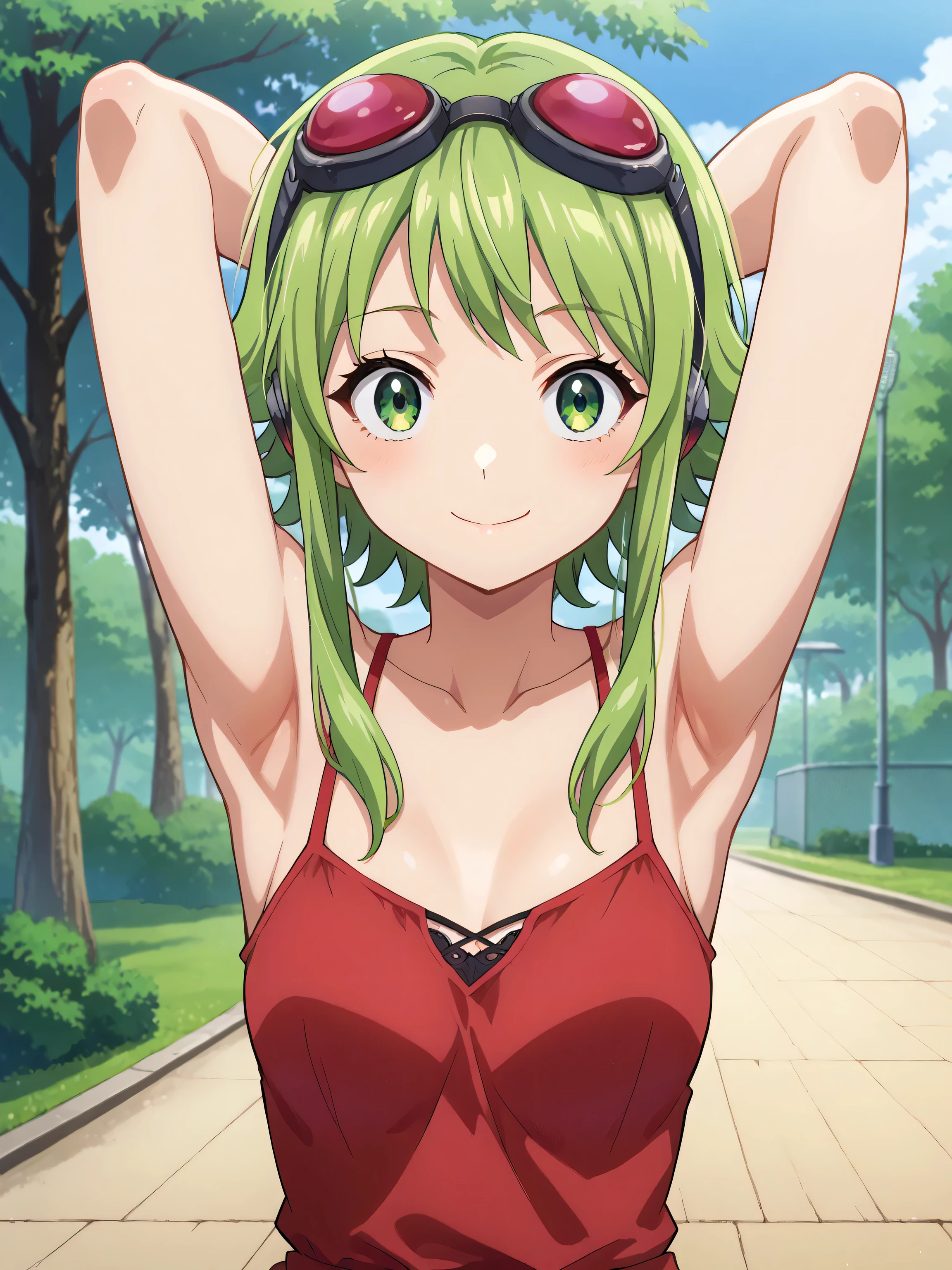 score_9, score_8_up, score_7_up, source_anime, anime screencap, outdoors, day, park, gumi, green eyes, green hair, medium hair, sidelocks, goggles, goggles on head, headphones, red goggles, red camisole, spaghetti straps, sleeveless, looking at viewer, head towards viewer, arms behind head, armpits, smile, closed mouth, collarbone 