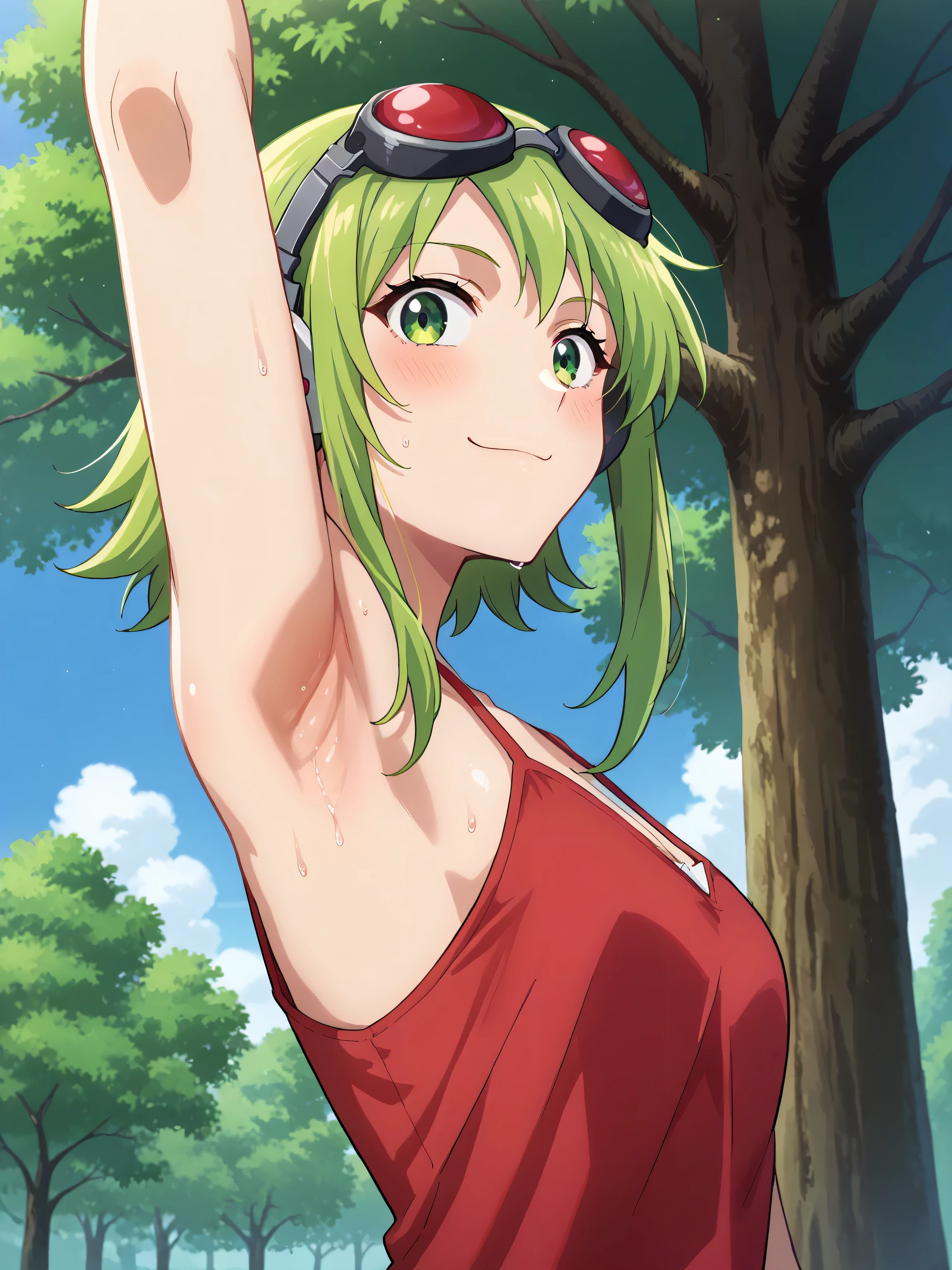 score_9, score_8_up, score_7_up, source_anime, anime screencap, outdoors, day, park, gumi, green eyes, green hair, medium hair, sidelocks, goggles, goggles on head, headphones, red goggles, red camisole, spaghetti straps, sleeveless, looking at viewer, head towards viewer, arm up, raised arm, armpit, smile, closed mouth, from side, from below, sweaty, blush