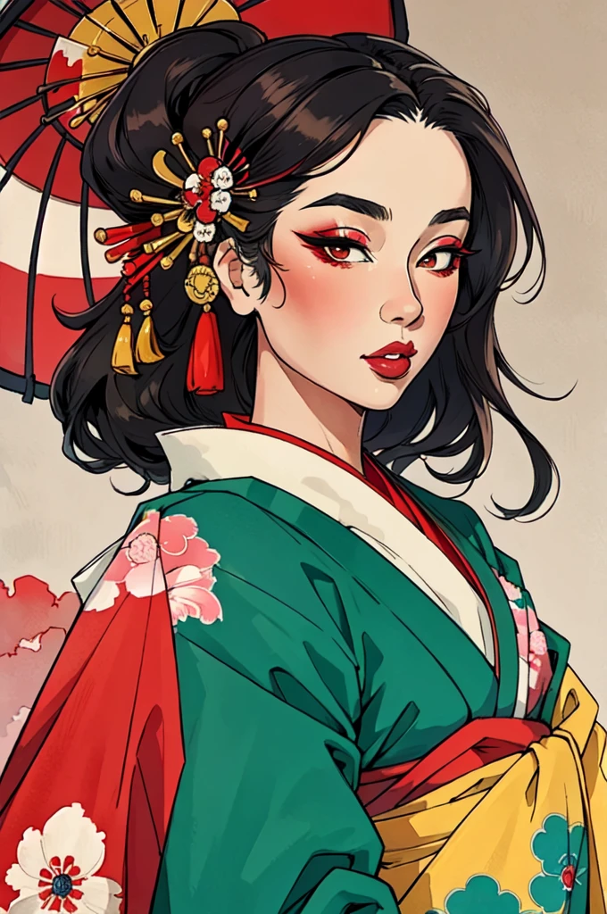 masterpiece, best quality, extreme detail, 8k,watercolor background, 1girl, solo, front facing view ,black hair, brightly colored kimono, parted lips, Japanese geishas, geisha makeup, traditional geisha hair and makeup