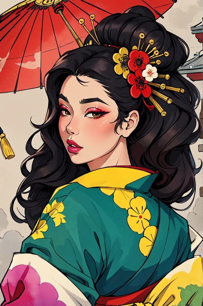 masterpiece, best quality, extreme detail, 8k,watercolor background, 1girl, solo, front facing view ,black hair, brightly colored kimono, parted lips, Japanese geishas, geisha makeup, traditional geisha hair and makeup