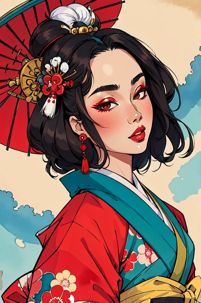 masterpiece, best quality, extreme detail, 8k,watercolor background, 1girl, solo, front facing view ,black hair, brightly colored kimono, parted lips, Japanese geishas, geisha makeup, traditional geisha hair and makeup