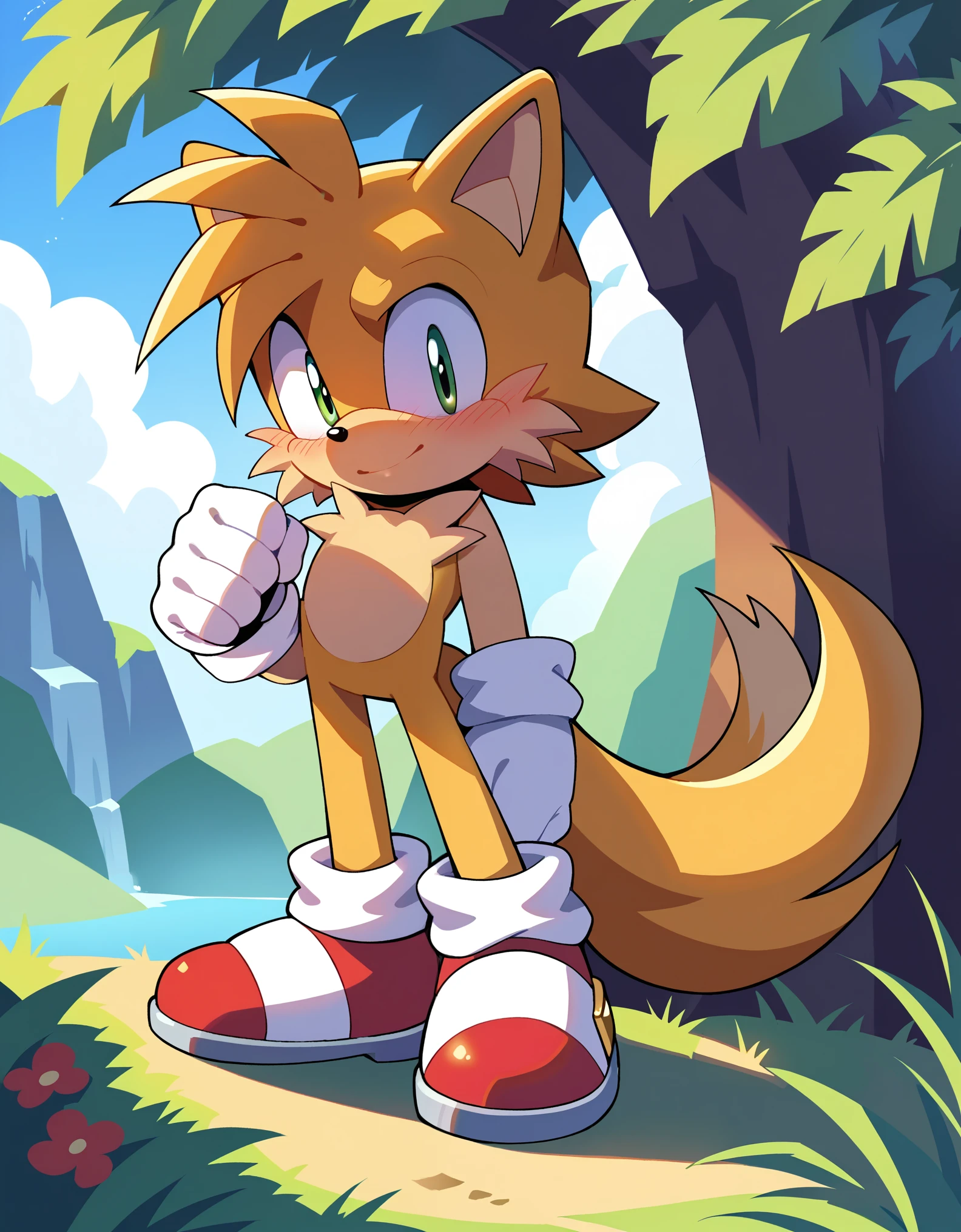 score_9, score_8_up, score_7_up, Solo, outdoors, detailed background, standing, blushing, (miles prower \(sonic\), red shoes with white stripe), by hioshiru, by braeburned, by oxfort2199, extremely detailed, detailed shading, soft shading, volumetric lighting, natural light