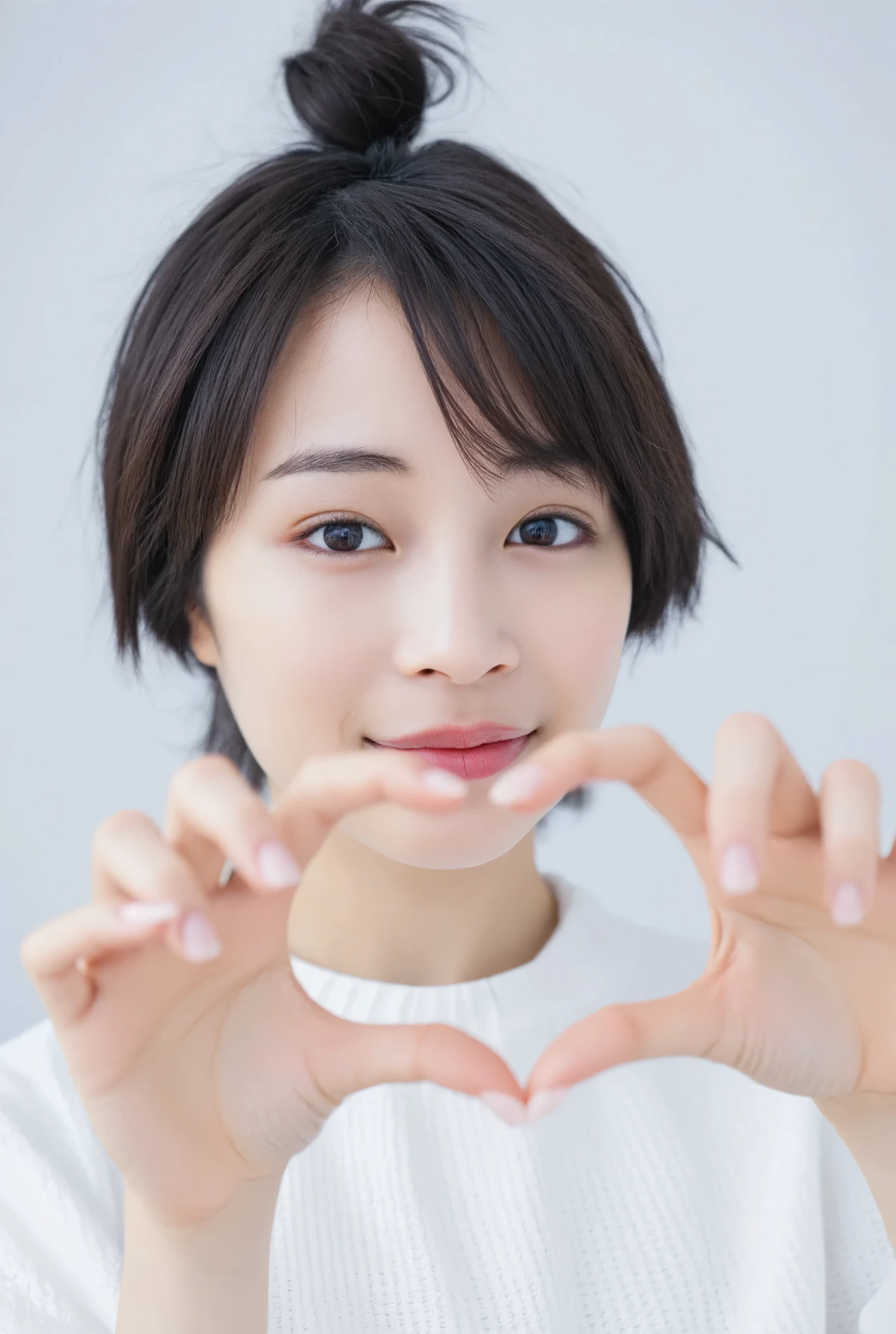 Smiling face with hands making a heart shape:2.0、 (Ultra-Accurate Human Anatomy, Best Quality、RAW Photos、8k、32K、masterpiece、Realistic、Photorealistic:1.37)、Cute Japanese women images、Tank tops、Photographed in natural light、Upper Body、1 girl、Photo Mapping、Physically Based Rendering、Excellent image quality、High resolution、1080P、(Beautiful Face)、(Detailed description of the face)、(Detailed explanation of the hand setter&#39;s muscle area)、(Detailed CG)、Rich details、(Stunning Features:1.35)、(Detailed eyes)、I look forward to your eyes、Delicate clavicle、Various poses、非常にリアルで詳細な若い女性のUpper Bodyポートレート。The skin is clear、A soft light reflects off the high points of the cheeks.、Fine pores and hair follicles、Even the thinnest blood vessels are visible。The skin is smooth、A natural flush to the cheeks、Gives off a healthy glow。The eyes are large and clear blue、The iris has a fine pattern、The light reflects off your eyes and shines。There is a slight shadow under the eye、Eyelashes are long and naturally curled。Her lips are a soft pink color、Smooth texture and natural shine、Reflects light slightly。The woman is wearing a simple white top.、The background is a faint monochromatic gradient.、焦点は完全に顔とUpper Bodyに当たっている。Realistic shadows and textures、The depiction is like a photograph.。
