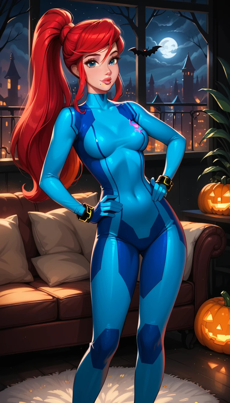 score_9, score_8_up, score_7_up, 1girl, solo, very sexy (Disney's Ariel, ar_el, fair skin, red hair, ponytail, bangs:1.5), wearing (Samus Aran costume, blue bodysuit, zero suit, full bodysuit, full coverage, bracelet, gloves, skin tight:1.4), confident, flirt, gaze, sexy look, cute smile, head tilt, filled lips, thick lips, standing, in the living room, hand on hip, feet apart, sexy pose, beautiful modern apartment, city living, (Halloween theme:1.3), night, dark, dimly lit, expressiveh d4rk01l, perfect hands, perfect proportions.