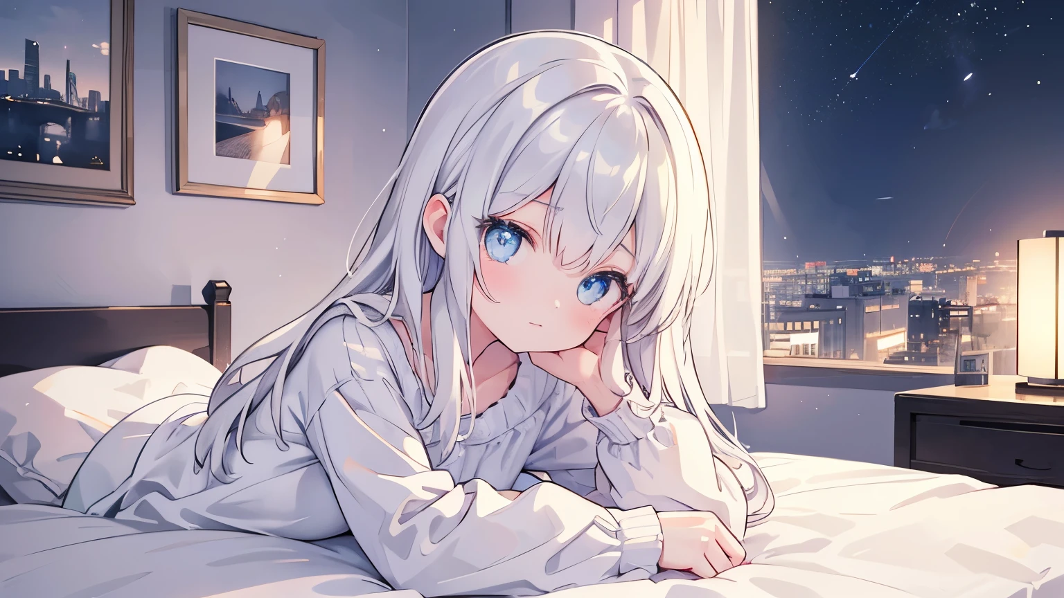 masterpiece, highest quality, High resolution,Anime Style、Silver Hair、long、Sit on the bed、Looks sleepy、Droopy eyes、Yawn、pajamas、I can see your underwear