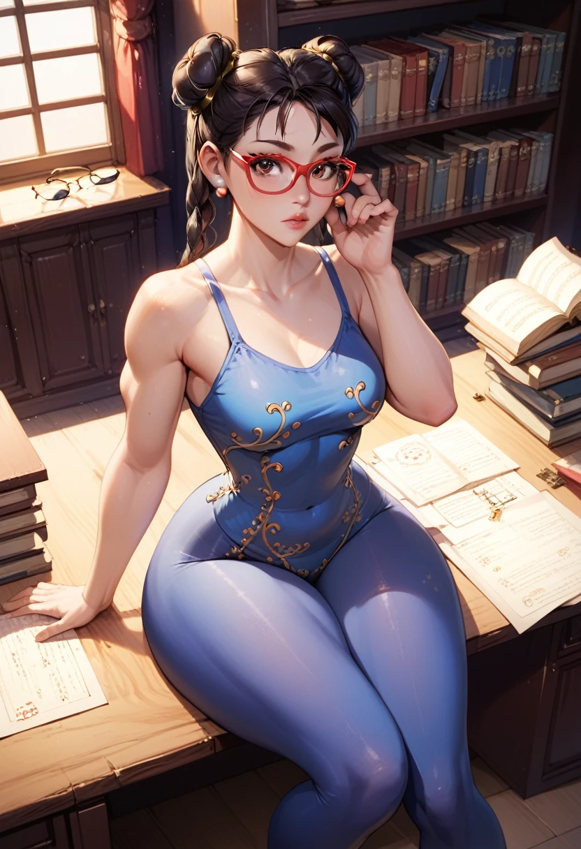 A woman, smooth skin, white skin, big eyes, long eyelashes , small torso, (flat breasts, even smaller breasts ) , Wide hips, thick thighs , (The best quality), masterpiece, chun li, Milf,  35 year old mature woman, (She is wearing pajamas and red glasses), (She is wearing blue leggings), (ultra high Bloom), (high-contrast), (High quality Shaders), (shadows), (Ultra shadow quality), (hyperrealism), ( she is in her room sitting in a chair studying at her desk exhaustively for an exam, surrounded by books and note sheets scattered around her desk . She has her hand on her face in a thoughtful manner., visibly worried and intrigued. The light is soft and there is an air of tranquility in the environment.) 