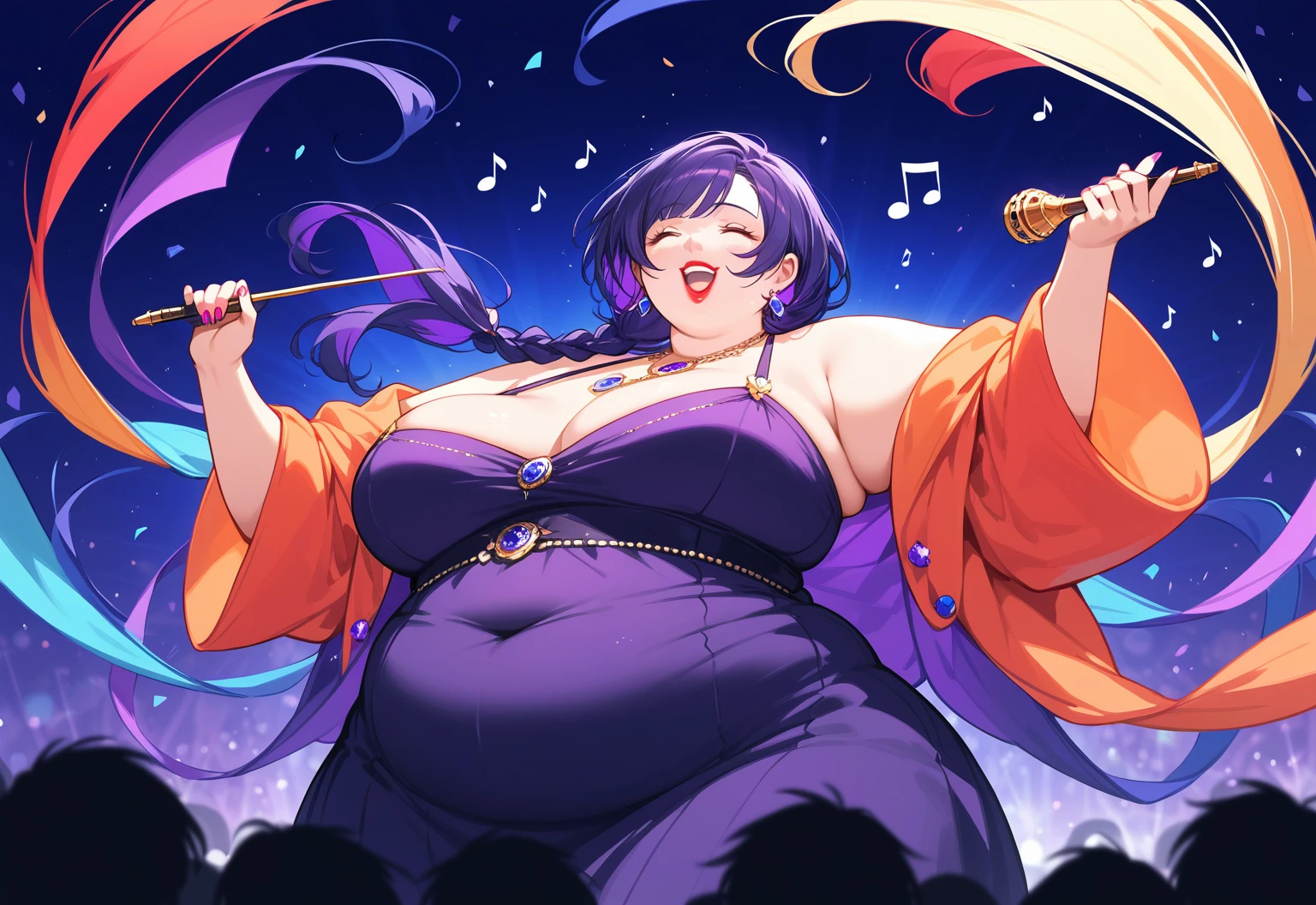 score_9,score_8_up,score_7_up,score_6_up,score_5_up, masterpiece, top quality, best quality, beautiful and aesthetic, extreme detailed, colorful, highest detailed ultra-detailed, highly detailed CG illustration, 1girl, idol, milf, chubby, ssbbw, thick waist:1.2, large breasts:1.4, lipstick, singing, waist up, singing on a stage, floating music notes, BREAK, (bleak:1.2), BREAK, (Opera hall:1.2),(night:1.2),