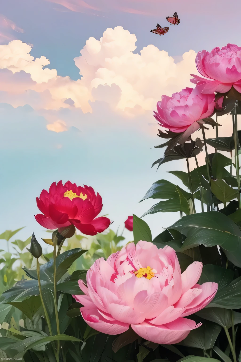  large peony flowers under the clouds，Butterflies flying in the bushes 