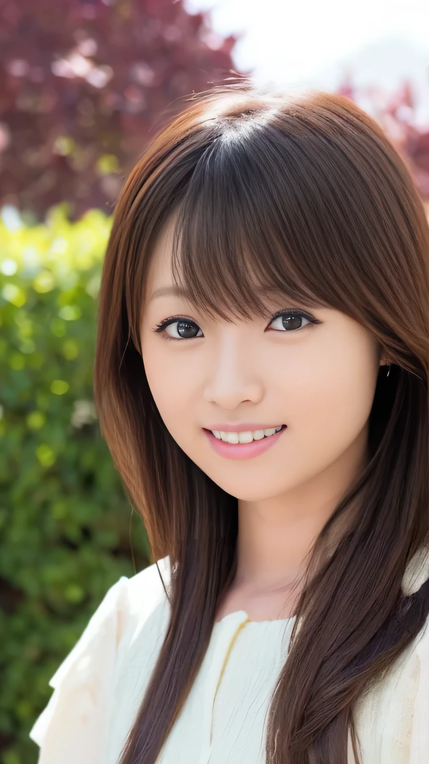 Create an image of a girl who looks like Kyoko Fukada. Pay particular attention to the look of the eyes and the hairstyle., Draw a person who resembles you. Also, Adopt a bright smile and graceful expression like hers.. You can freely arrange the clothes and background., Express her cleanliness and natural charm.,