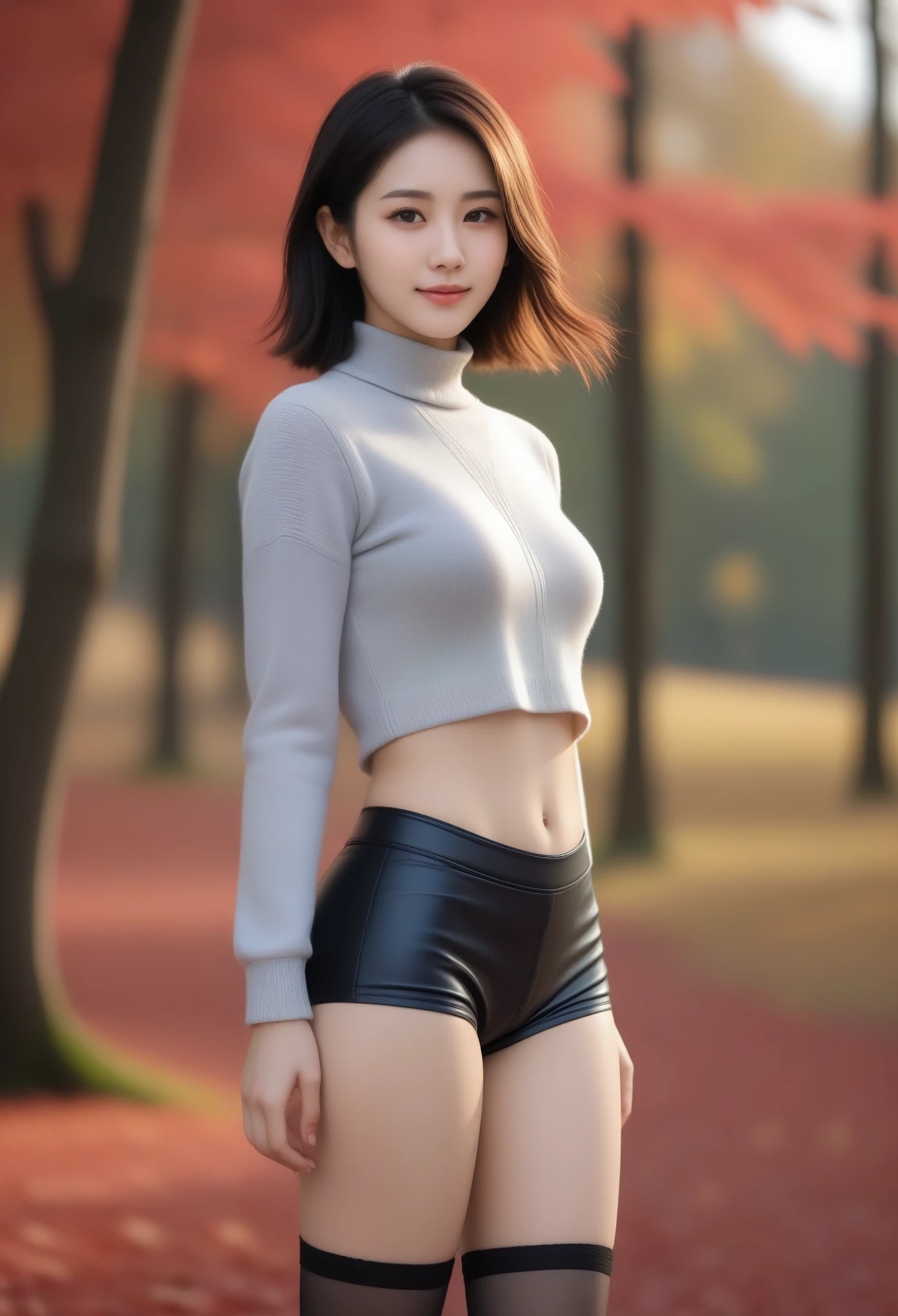 realism, Real Photos, anatomically correct, Accurate, textured leather, super detail, , without underwear, without panties, without a skirt, stockings, vulva, красивая vulva, pubic hair,
whole body, 1 girl, Beautiful Japanese women ,
looks at the viewer, happy smile., natural makeup, vulva, without panties, without underwear,
big , attractive figure, Plum drumsticks ,
( In a high-collar sweater :1.2), Autumn clothes ,
(Autumn forest, Red leaves everywhere on earth :1.4), ( Gorgeous autumn sunset :1.2) , Autumn trees in the foreground , Autumn trees and leaves ,
light breeze, natural light, (Backlight), ( face rim light :1.2), blurred background, depth of field, ultra high definition , 8 thousand.