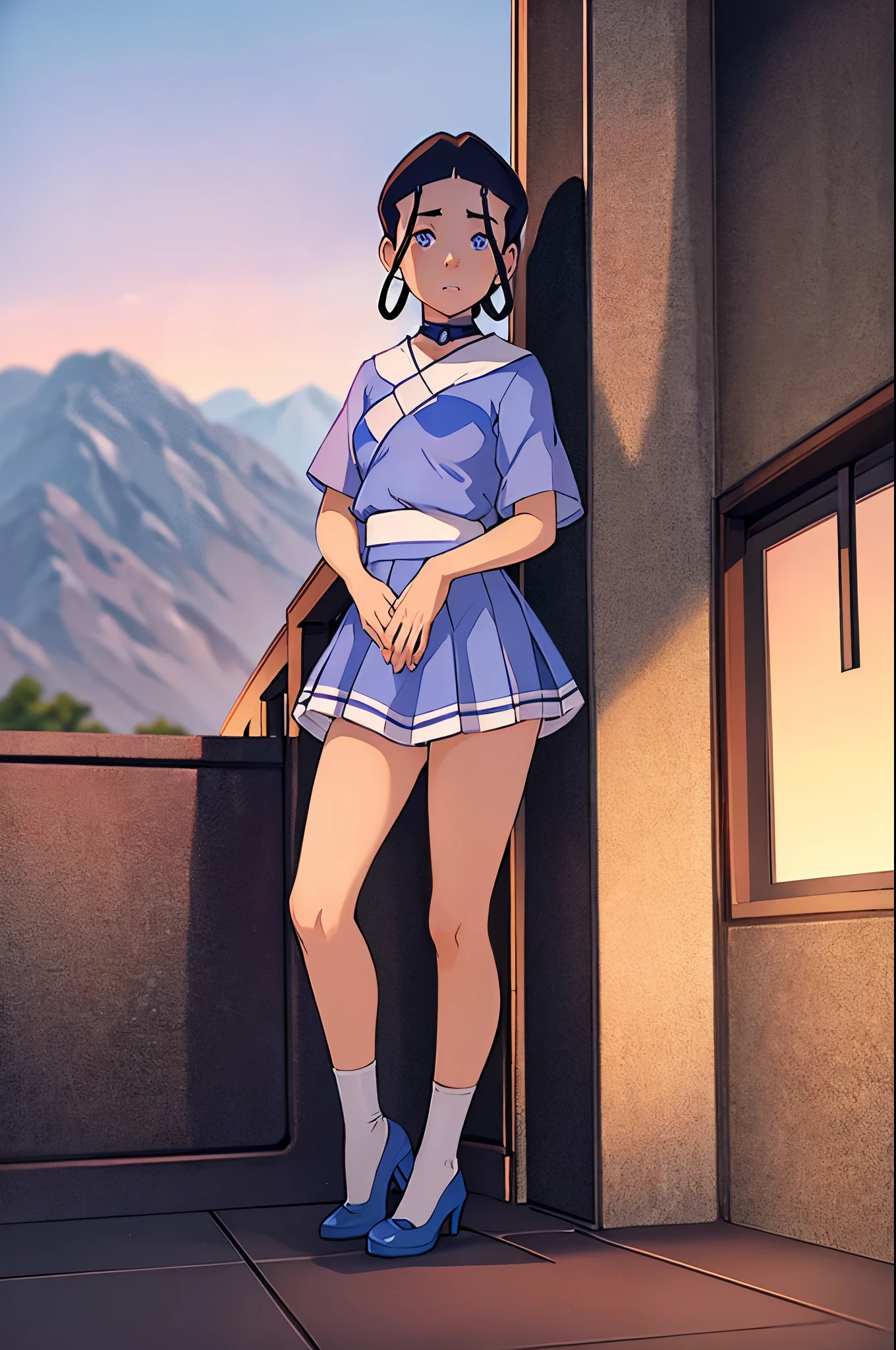 masterpiece, high quality, 1girl, katara, katara from Airbender style, brunette hair, blue eyes, blue school skirt, white thigh high socks, high heels, pink lace bra, exposed thong, small breasts, flat chest, bent over, looking at viewer, mirror selfie, winter landscape. 