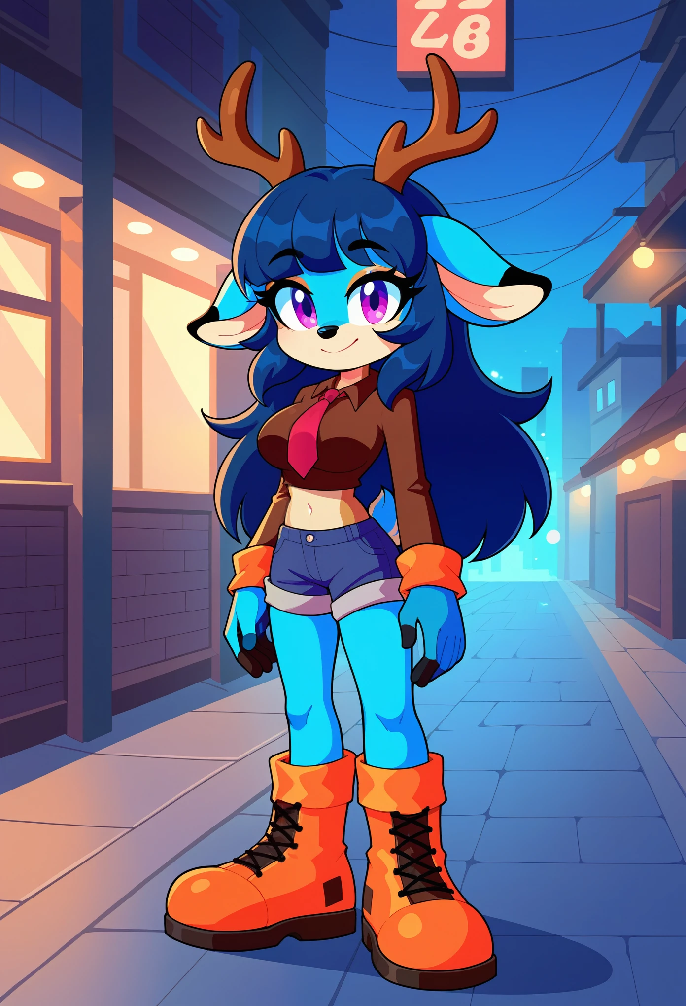 score_9, score_8_up, score_7_up, (1girl), (solo), Female Sika deer, Deer ears, dark blue fur, dark blue hair, long hair, hair down, fringe_trim styled hair bangs, Purple eyes, big bust, Dark brown shirt, Red tie, Expose the navel, Dark brown close-fitting shorts, eyelashes, Orange boots, outdoors, night ,full body, standing, smile, looking viewer