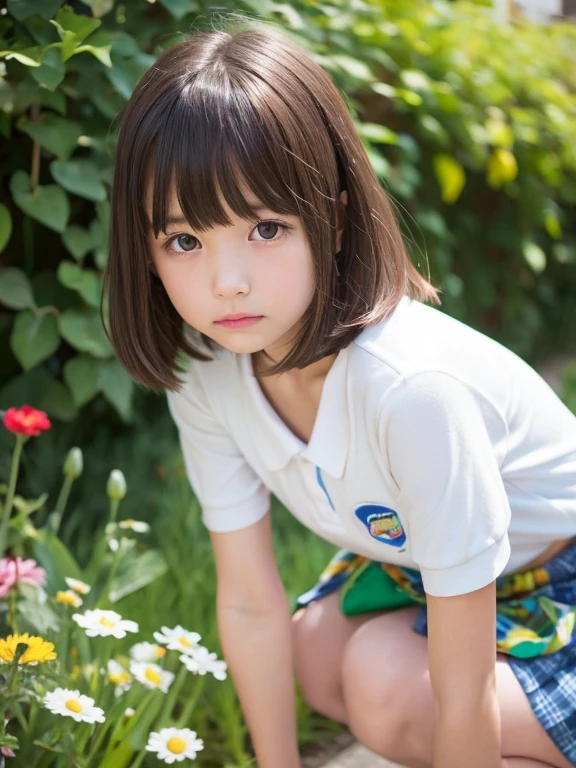 8k,masterpiece,Japanese,,from the front,Innocent face,Calm Eyes,Childish,T-Shirts,Short sleeve,Short skirt,semi-long,noon,bright,By the side of a fresh green tree