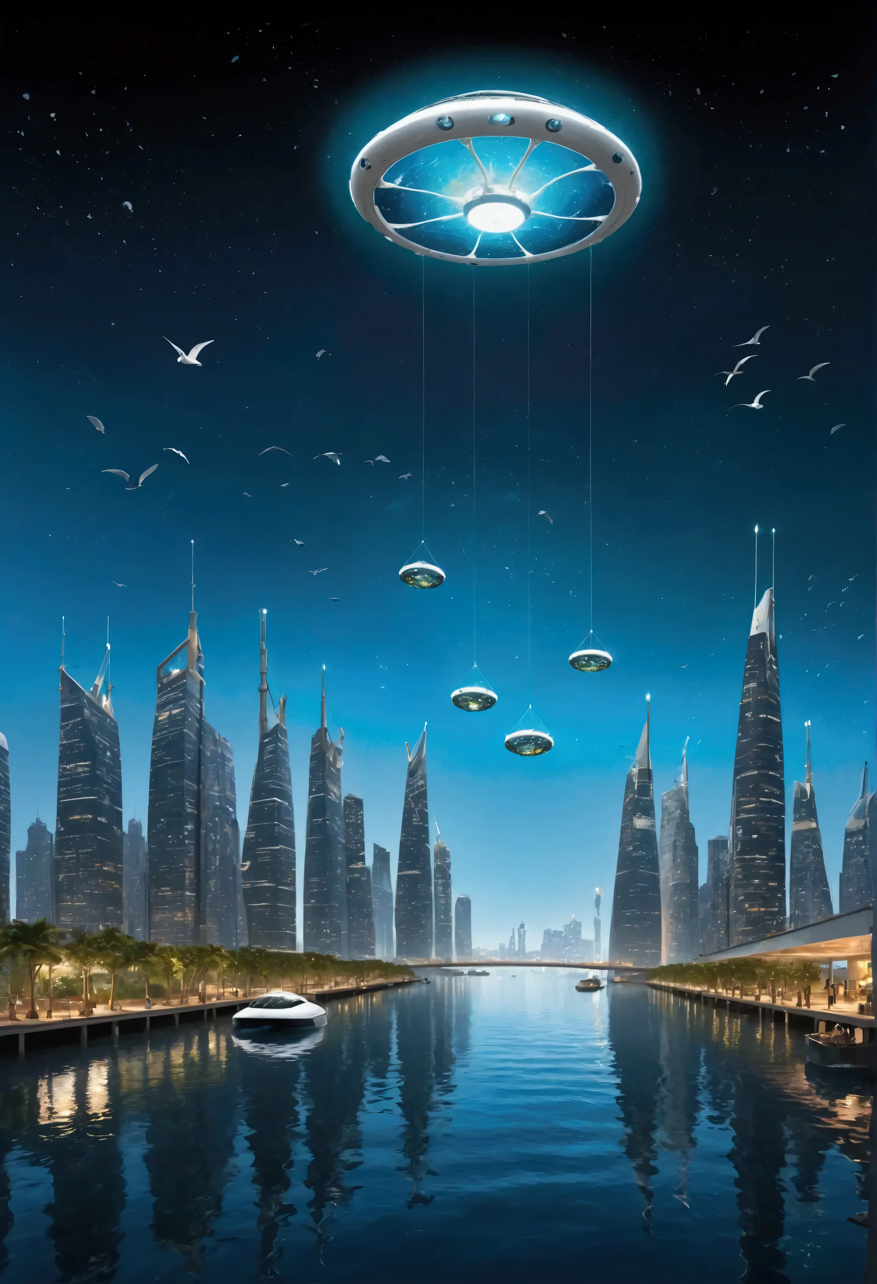 In an aroundlaid water city, where high-tech platforms drift seamlessly on the gentle waves, an ensemble of futuristic machines diligently fulfill their tasks. Here, autonomous floating cranes push the boundaries of engineering, as their massive cantilevers reach across the water to erect skyscrapers that appear to sprout like glass-and-steel trees. These machines, adorned with bioluminescent fittings, illuminate the water's surface with their incandescent glow, creating a mesmerizing spectacle that captures the essence of harmony between nature and technology. Underneath the surface, submersible robots work tirelessly, laying the foundations for new structures, their forms frequently breaking the water's calm with mechanical grace. Above, AI-powered dirigibles drift lazily, dangling surveillance cameras and specialized tools that provide a bird's-eye view of the progress. The skyline of this floating city is one of contrasts, where sleek, aerodynamic designs evoke images of sailing vessels from an era bygone, now reimagined through the lens of futurism and technological mastery. The scene pulses with a sense of potential, as urbanization extends beyond land, exploring new horizons of sustainable and intelligent design.
