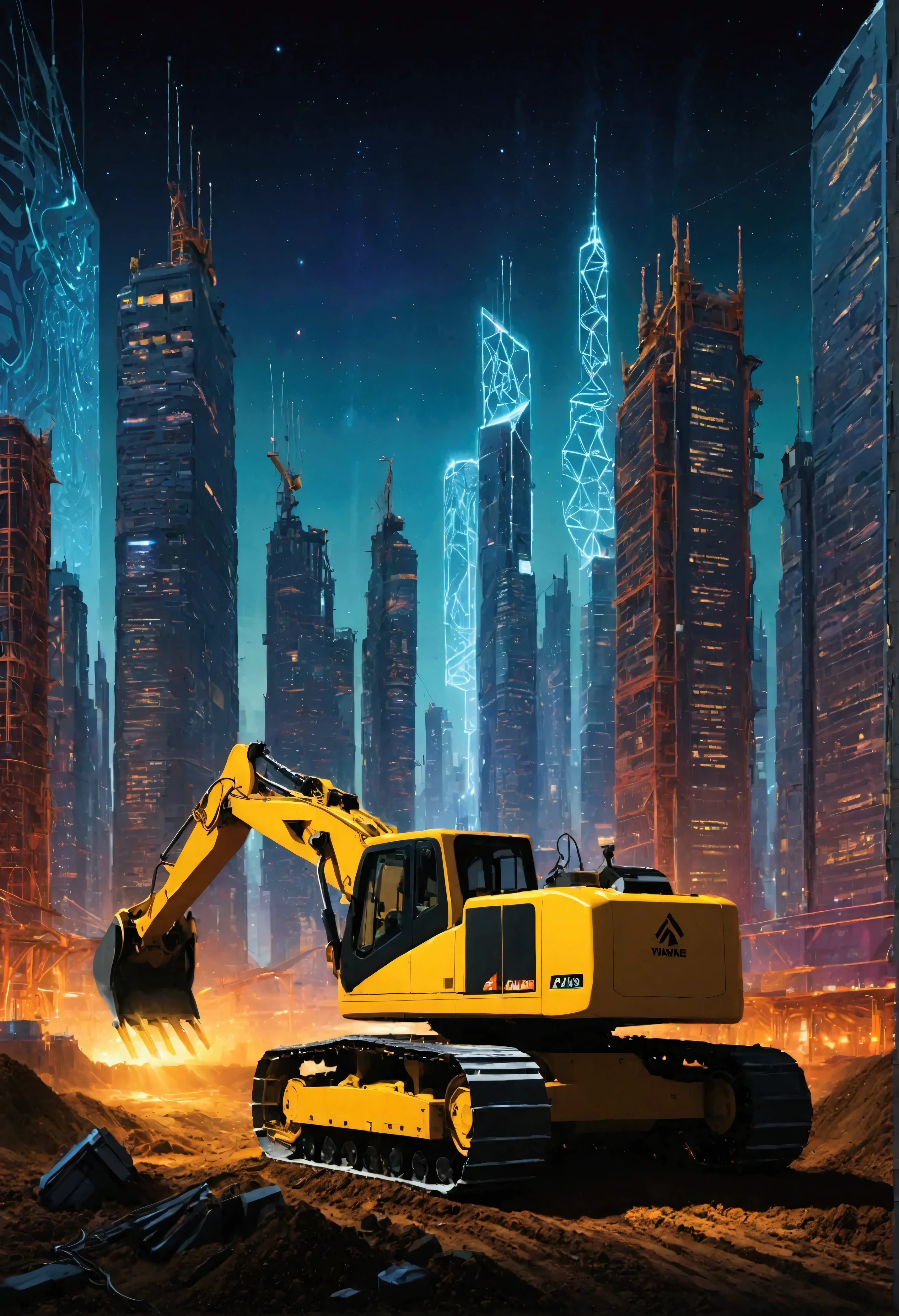In a sprawling urban landscape teeming with towering skyscrapers, a fleet of futuristic construction machinery operates in perfect synchrony. These machines, with their sleek, metallic exteriors and glowing LED accents, move with an almost sentient agility amidst the towering structures. The skyline is a blend of ultra-modern architecture, with buildings featuring transparent glass façades and intricate geometric patterns. Among them, enormous cranes swivel with precision, their booms resembling the limbs of giant robots, while drones buzz around like mechanical insects, surveying and analyzing construction progress in real-time. The scene is bathed in the ambient glow of the city lights, juxtaposed against the vibrant hues of a digital display that wraps around the building sides, displaying streams of data and holographic advertisements. In the foreground, an automated bulldozer glides seamlessly over the terrain, its tracks leaving patterns on the dirt that mimic the complexity of circuit boards, highlighting the union of technology and nature. The atmosphere is charged with a sense of innovation and progress, as the future is being sculpted before your eyes, where efficiency and aesthetics converge in a dance of industrial prowess.