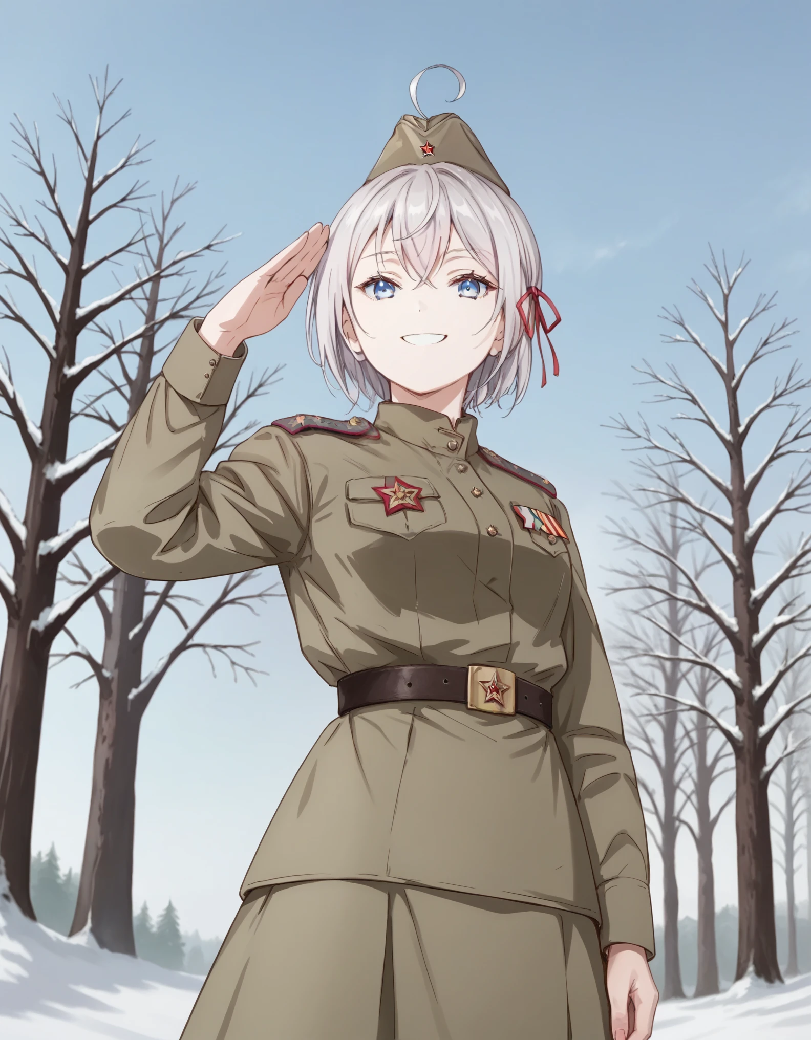 score_9, score_8_up,score_7_up, score_6_up,source_anime, best quality, masterpiece, alya, long hair, silver hair, ahoge, crossed bangs, hair ribbon, sidelocks, blue eyes, Soviet Military uniform, Soviet garrison cap, belt, short hair, look at the viewer, skirt, outside, tree, winters, snow, salute, looking at viewer, salute, smile, looking from below
