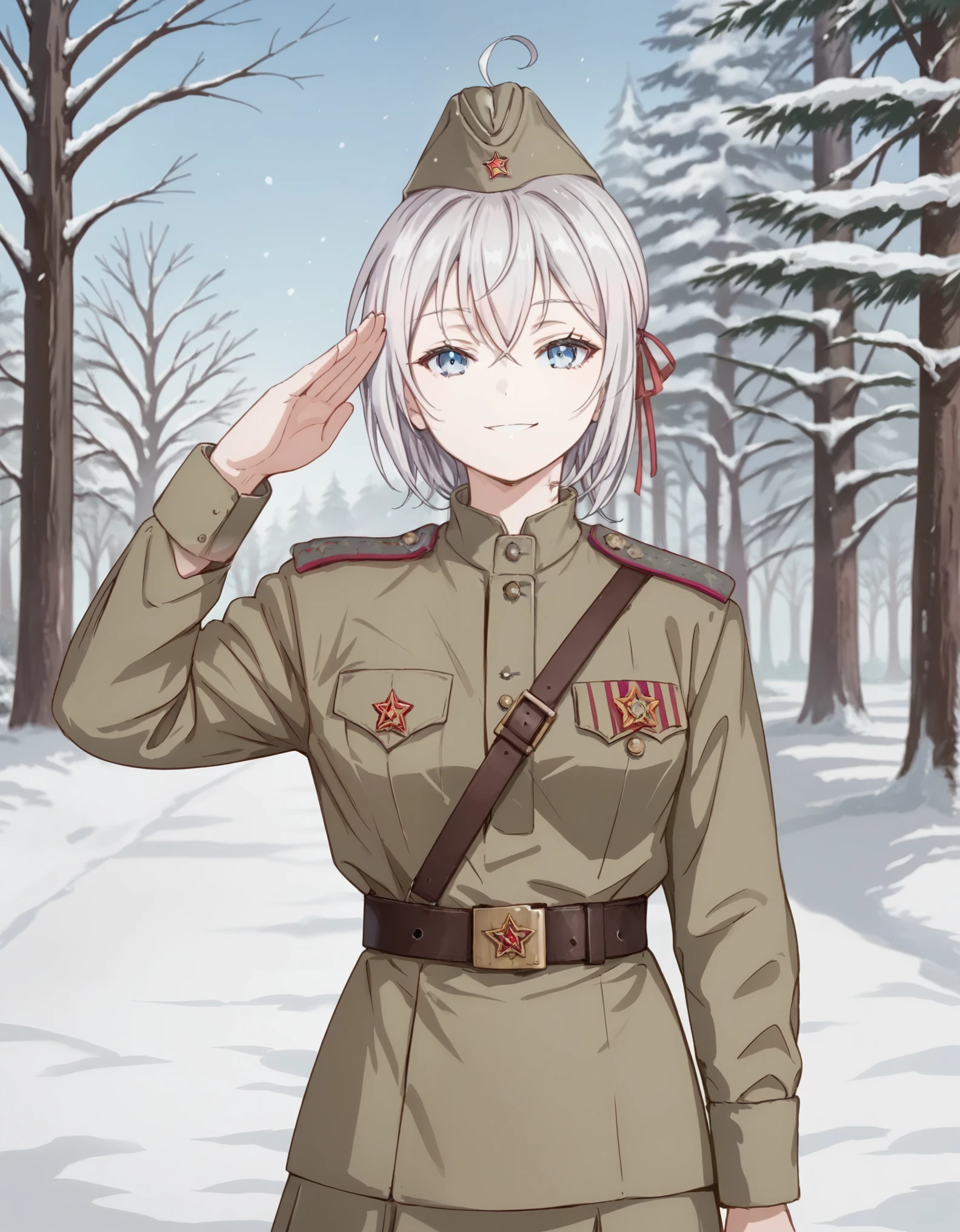 score_9, score_8_up,score_7_up, score_6_up,source_anime, alya, long hair, silver hair, ahoge, crossed bangs, hair ribbon, sidelocks, blue eyes, Soviet Military uniform, Soviet garrison cap, belt, short hair, look at the viewer, skirt, outside, tree, winters, snow, salute, look at the viewer, salute, smile
