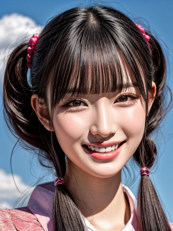 (realistic, photo-realistic:1.2), (masterpiece, best quality), high resolution, intricate details, extremely detailed, sharp focus, professional lighting, (portrait), solo, 1girl, a Japanese female idol, (wearing idol costume),  dark hair, (pigtails hair, blunt bangs:1.2), (detailed face, beautiful detailed eyes, sophisticated nose, beautiful pupils,), ((big smile)), pale skin, fine-textured skin, photo background, indoors, outdoors, blue sky and clouds,,,[Aki Suda,Cho-Tokimeki-Sendembu]