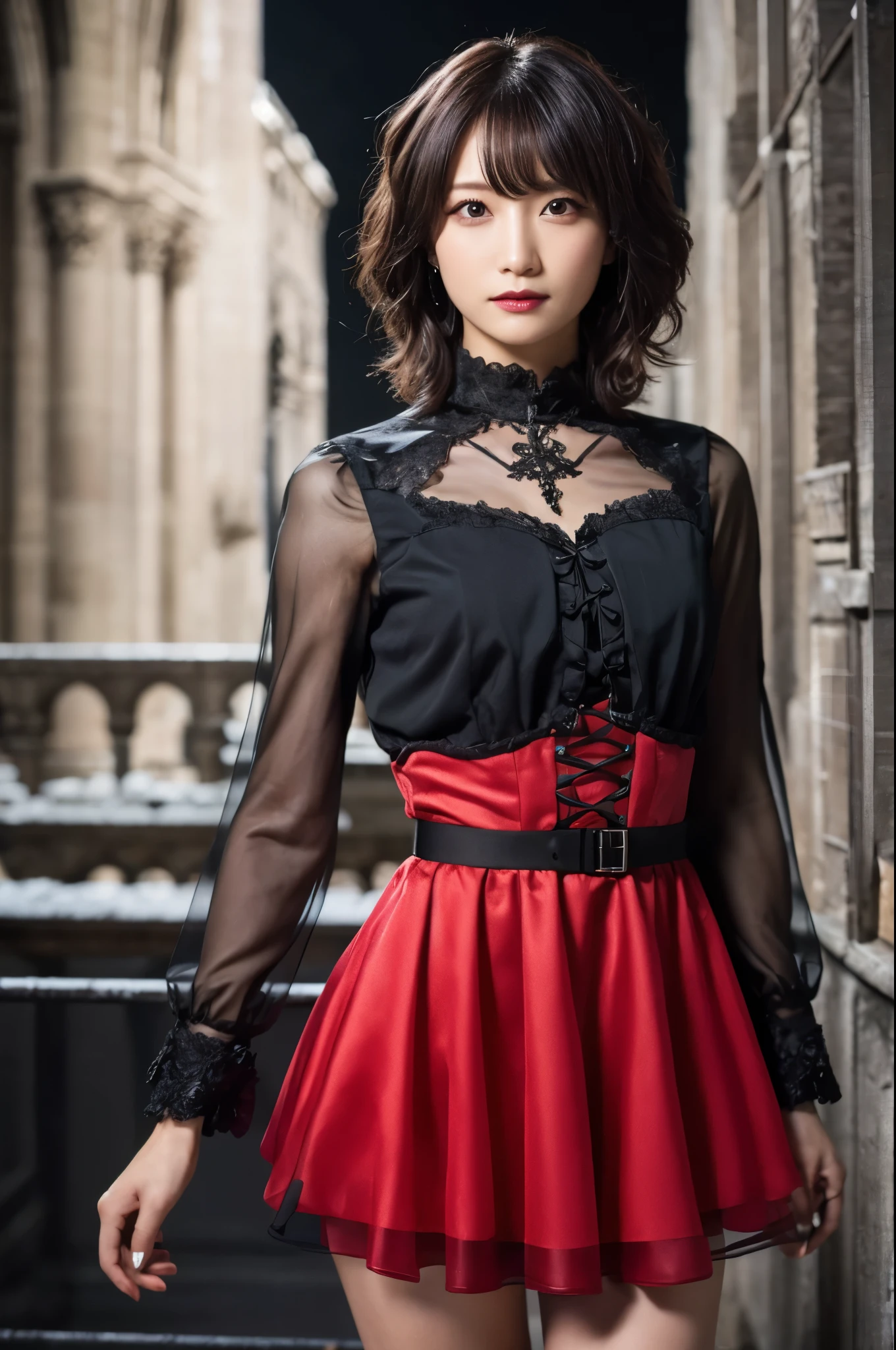 1 girl, ( she is wearing a very transparent red dress :1.2), (gothic makeup), Portrait of a very sweet Japanese symphonic metal singer, ( Best quality RAW photo ), (Realistic, Realistic:1.4), (masterpiece),
But gentle and beautiful , Very detailed, 2k wallpaper, wonderful, finely, Very detailed CG Unity 8K wallpaper, Very detailed, High resolution, Soft light, full height, gothic castle, mountains
beautiful detailed girl , Very detailed目と顔, Beautiful and elegant nose , beautiful beautiful eyes , cinema lighting ,
( She is standing in front of a ruined Gothic cathedral :1.3), (night sky), (Силуэт девушки в full height:1.2), (squat, ), ( Dark screen :1.5), (I'm like ),
(short hair), (dirty hair),
ideal anatomy, slim body,