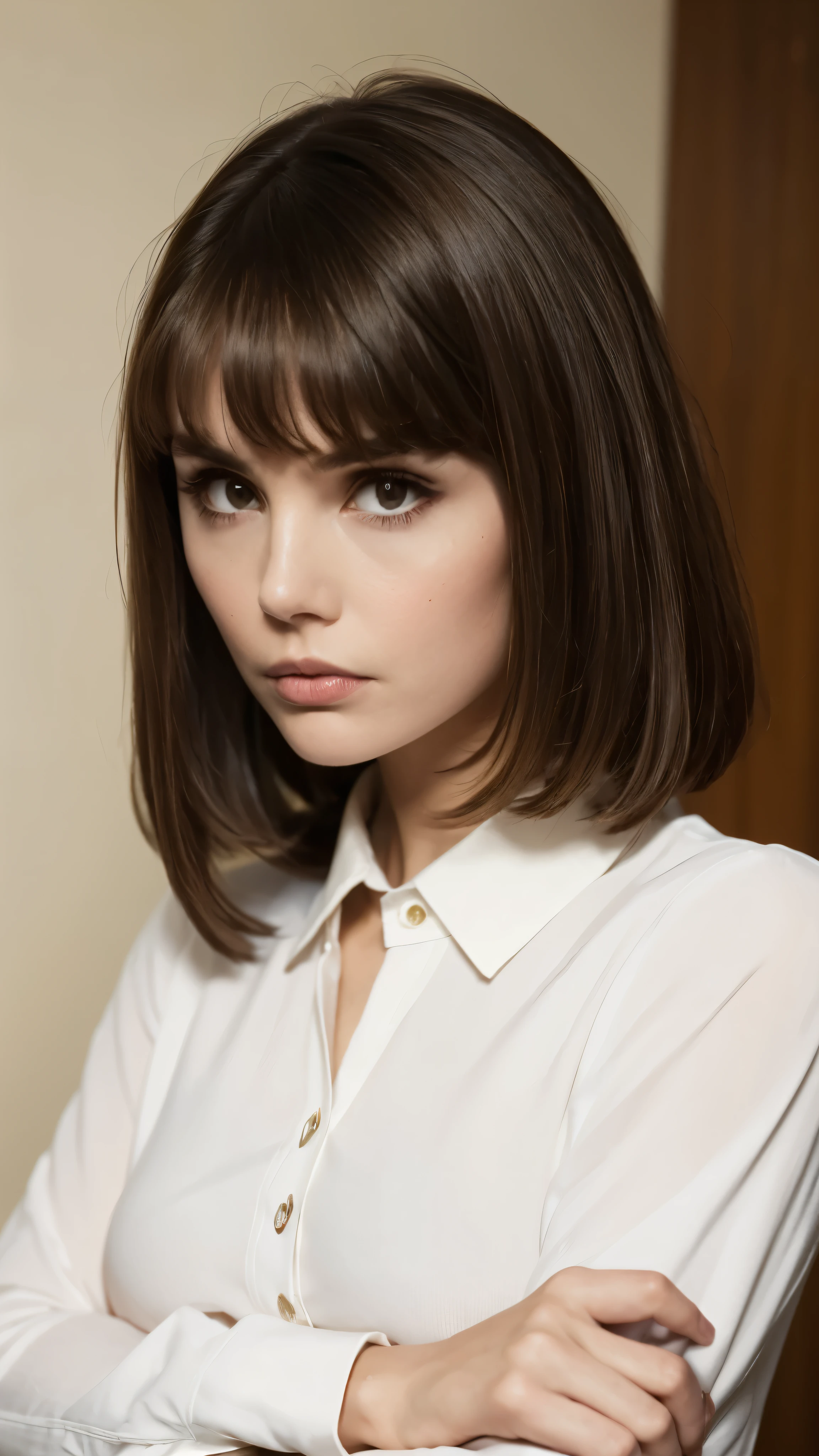 1girl, bangs, blurry, blurry background, brown hair, depth of field, indoors, lips, looking at viewer, photorealistic, realistic, short hair, solo, upper body, long sleeves, serious, facing viewer, frilled shirt collar,
masterpiece, best quality, cinematic photo {prompt} . 35mm photograph, film, bokeh, professional, 4k, highly detailed, <lora:epiCRealismHelper:1> <lora:epiC35mm:1> epiC35mm <lora:add_sharpness:1> <lora:backlight_slider_v10:-0.5> <lora:contrast_slider_v10:2>, high contrast,