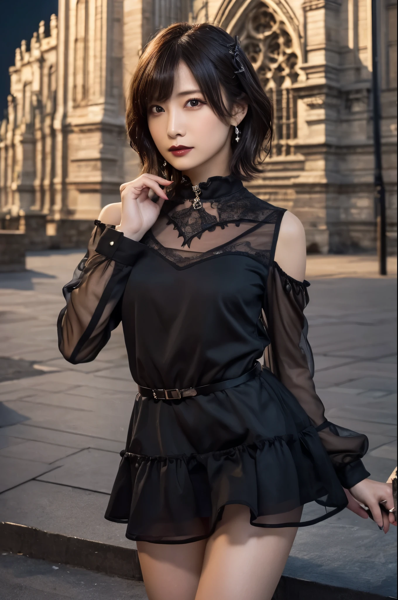 1 girl, ( she is wearing a very transparent red dress :1.2), (gothic makeup), Portrait of a very sweet Japanese symphonic metal singer, ( Best quality RAW photo ), (Realistic, Realistic:1.4), (masterpiece),
But gentle and beautiful , Very detailed, 2k wallpaper, wonderful, finely, Very detailed CG Unity 8K wallpaper, Very detailed, High resolution, Soft light, full height, gothic castle, mountains
beautiful detailed girl , Very detailed目と顔, Beautiful and elegant nose , beautiful beautiful eyes , cinema lighting ,
( She is standing in front of a ruined Gothic cathedral :1.3), (night sky), (Силуэт девушки в full height:1.2), (squat, ), ( Dark screen :1.5), (I'm like ),
(short hair), (dirty hair),
ideal anatomy, slim body,