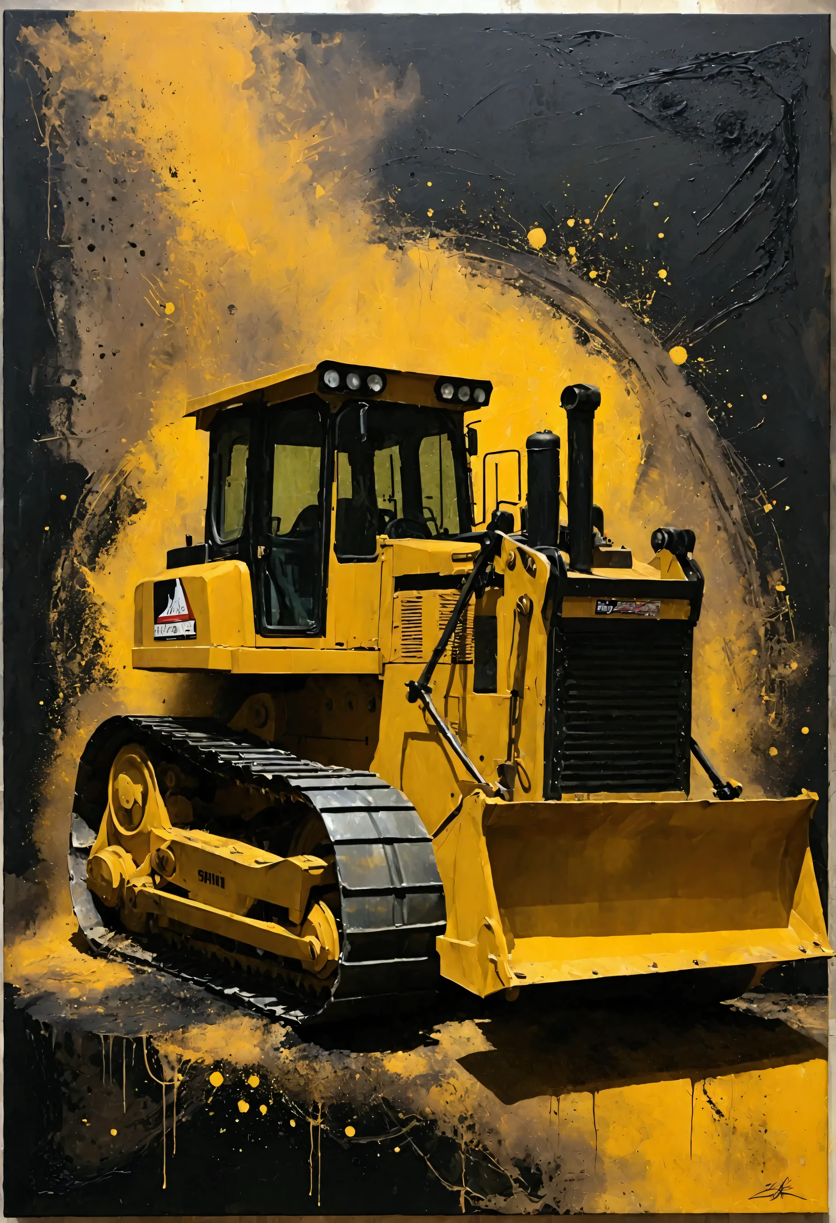 Visualize an enormous bulldozer at work on an expansive construction site, depicted in a style that melds raw power with abstract artistry. The bulldozer's massive blade cuts through the canvas with bold, decisive strokes, while its body is a collage of intricate forms suggesting the complex mechanics beneath its robust exterior. A color palette of industrial yellows and stark blacks dominates, interspersed with the subtle sheen of polished metal and gritty earth tones. The surroundings are an abstract tumult of dust clouds and debris, rendered in dynamic swirls and splatters to highlight the drama of construction. This piece should capture the essence of transformation, of landscapes reshaped by human hands, where the machine is both a tool of progress and a symbol of industrial might. The artwork invites viewers to sense the tension and harmony between mechanical efficiency and the natural world, portraying the bulldozer as a monumental force within the canvas's abstract swirl.