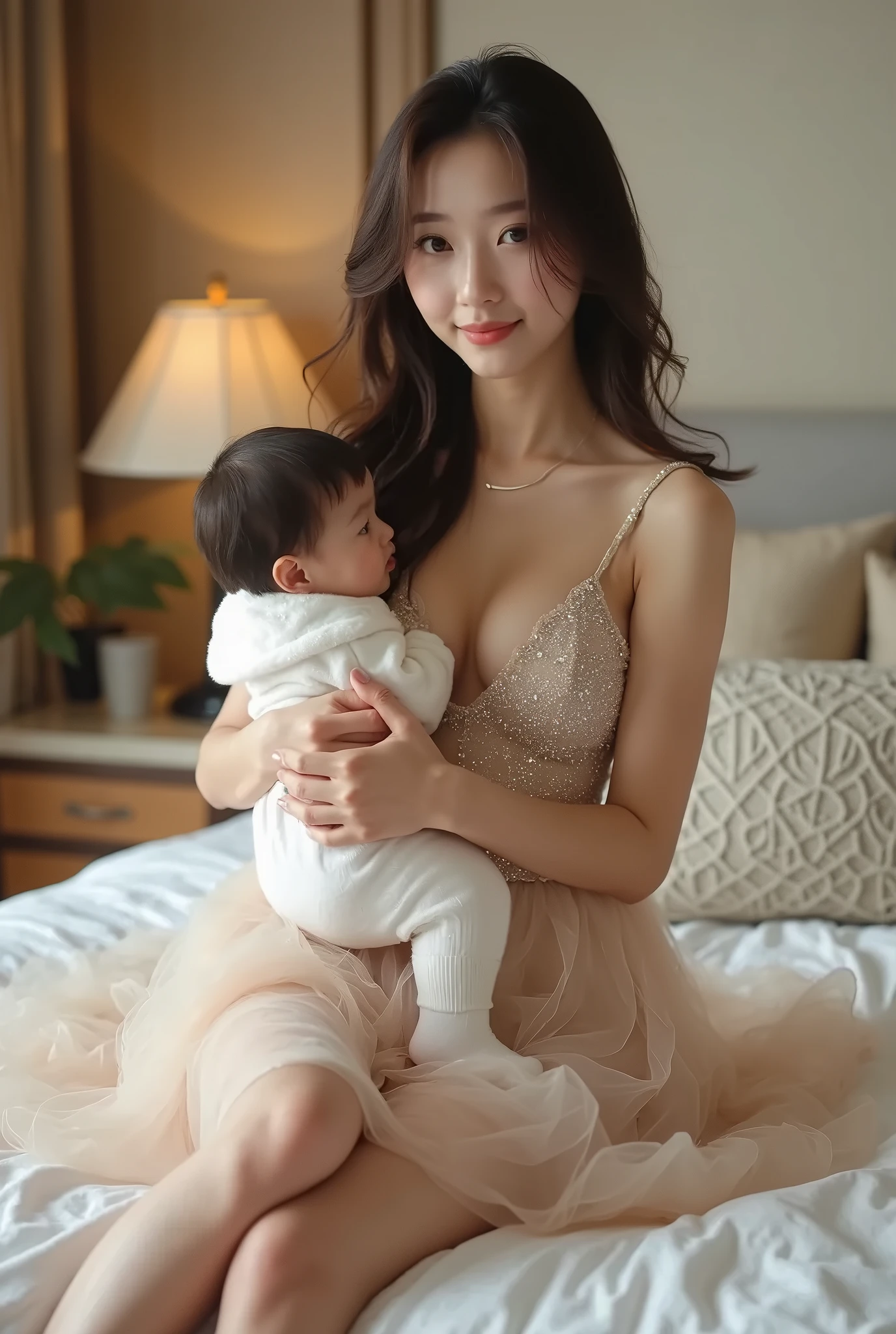 The mother stood smiling as she watched her child make a gesture of embracing her and the daughter running towards her. ,Highest picture quality,ภาพrealisticเกินจริง,(8k),see full body,Anatomically correct, detailed skin, (detailed face), Very detailed and delicate eyes, Clean and shiny lips, (Very detailed:1.3), (best quality:1.3), (Masterpiece, 8k:1.3), (realistic:1.3), natural light