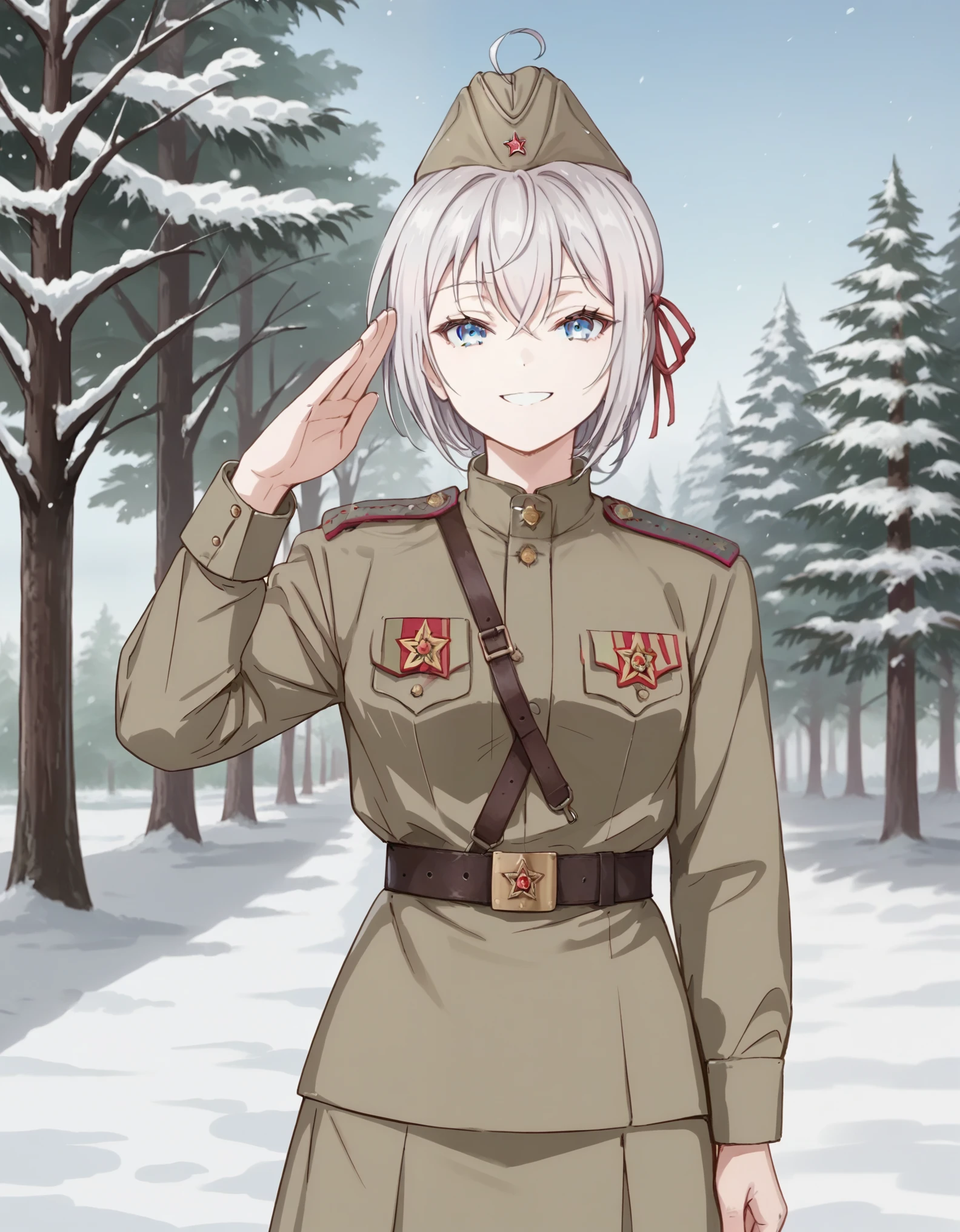 score_9, score_8_up,score_7_up, score_6_up,source_anime, alya, long hair, silver hair, ahoge, crossed bangs, hair ribbon, sidelocks, blue eyes, Soviet Military uniform, Soviet garrison cap, belt, short hair, look at the viewer, skirt, outside, tree, winters, snow, salute, look at the viewer, salute, smile
