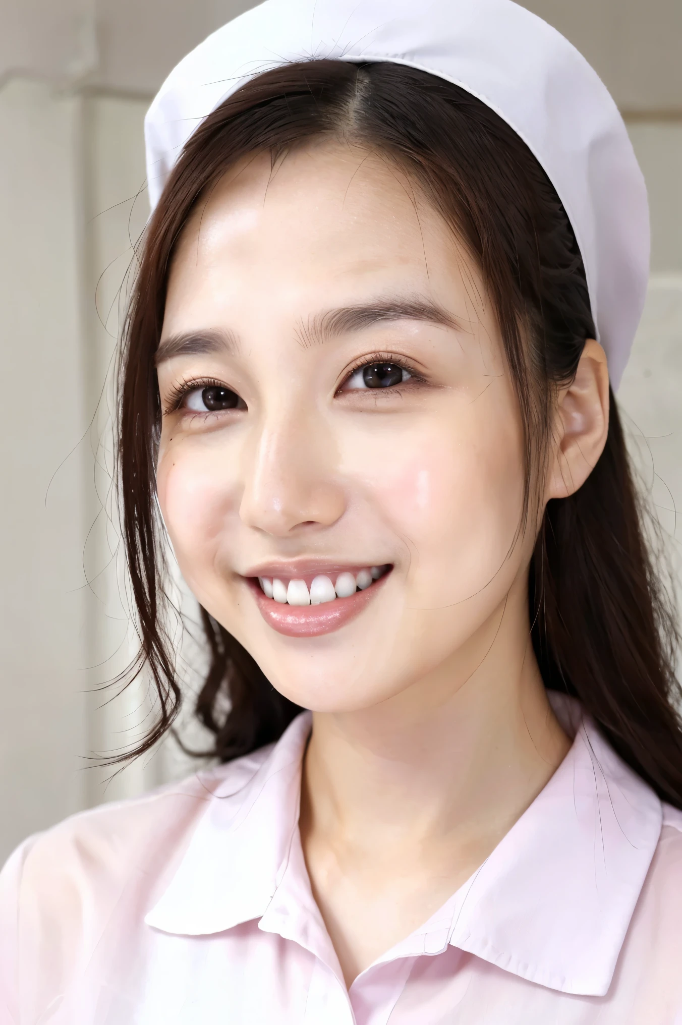 (Best Quality、Tabletop、Best Quality、Award-winning works)、(1 nurse:1.3)、(Perfect pure white nurse uniform:1.3)、 perfect nurse cap 、Perfect portrait photography、Glowing Skin、Standing gracefully、(Face close-up:1.2)、(white hospital room background :1.1)、(The background of the hospital room is strongly blurred:1.2)、Glowing White Skin、The skin is very white、smile、(Perfect and beautiful teeth:1.3)、Tyndall effect、 very bright white light、Show forehead 、nose、Perfect beautiful face