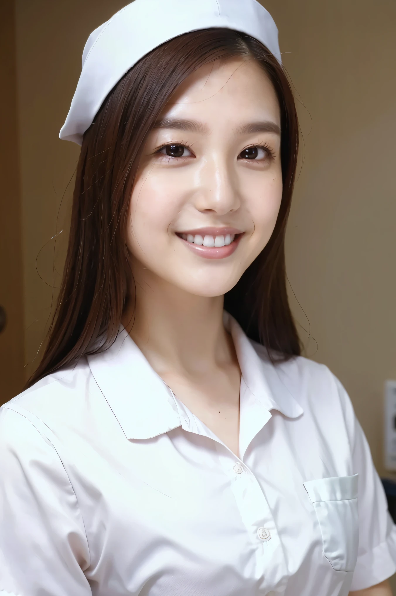 (Best Quality、Tabletop、Best Quality、Award-winning works)、(1 nurse:1.3)、( perfect pure white nurse uniform :1.3)、Perfect portrait photography、Glowing Skin、Standing gracefully、(Face close-up:1.2)、( hospital room background is strongly blurry:1.1)、( hospital room background is strongly blurry:1.2)、Glowing White Skin、The skin is very white、smile、(Perfect and beautiful teeth:1.3)、Tyndall effect、The most atmospheric and warm lighting、Great cinema lighting、Show amount、nose、Perfect beautiful face