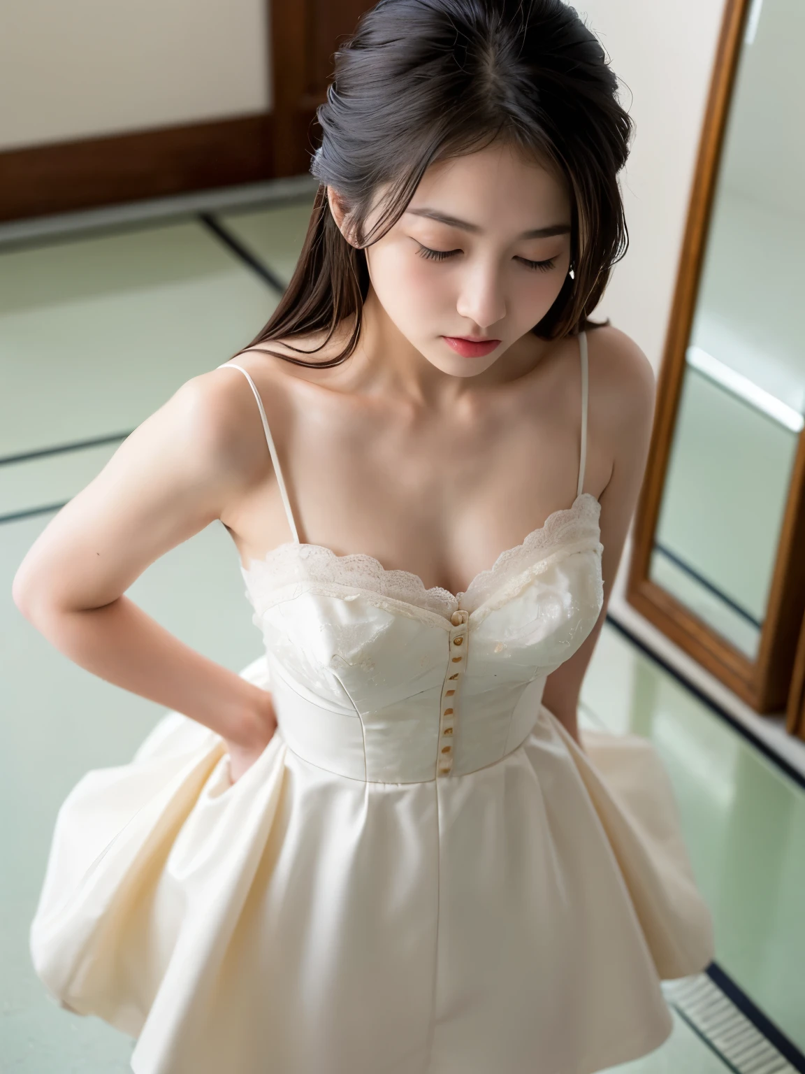Highly detailed CG Unity 8k wallpaper, top quality, super detailed, masterpiece, realistic, photorealistic, very detailed cute girl, (25 years old), blush, round eyes, (bob cut), semi-body shot, (white wedding dress), city