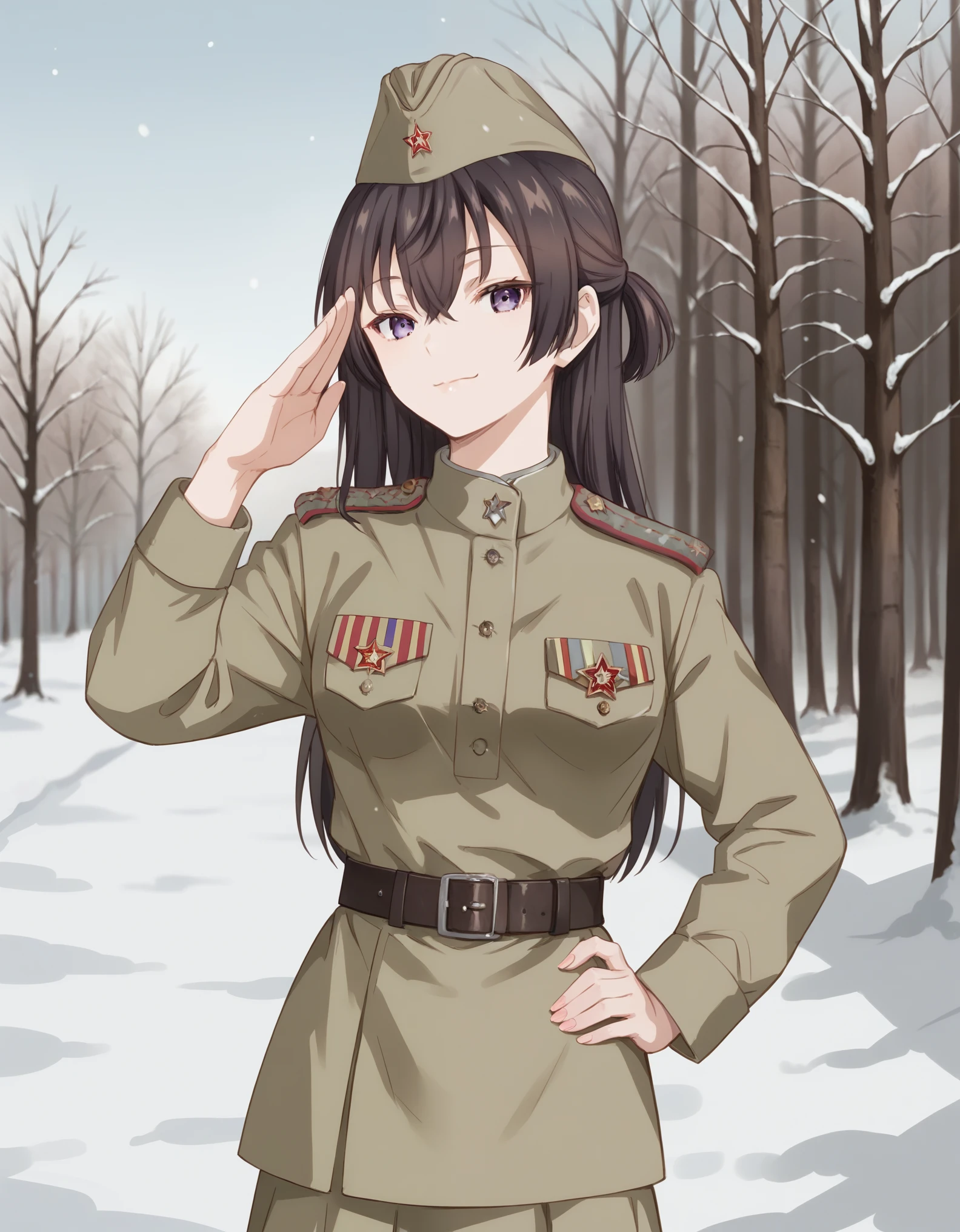 score_9, score_8_up,score_7_up, score_6_up,source_animeyukisuou, long hair, bangs, brown hair, black hair, hair between eyes, purple eyes, half updo , medium breasts, Soviet Military uniform, Soviet garrison cap, belt, short hair, look at the viewer, skirt, outside, tree, winters, snow, salute, look at the viewer, salute, smile
