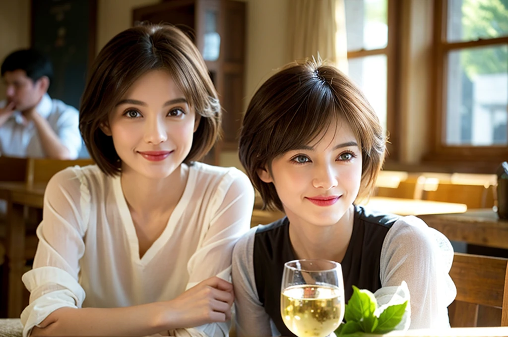 ((White Wine)),((Wine Glasses)),(Realistic, 超Realistic:1.4), 16K HDR, High resolution,((White Wine)),((Wine Glasses)),Happy smile、short hair,The best smile、Japanese actress,so beautiful(It looks like the real thing),dress、Slim couple、Model Couple、(Realistic, Intricate details:1.2), Amazing view of the sunset sky and clouds、,Digital SLR camera, Soft lighting, Detailed Background, Use Volumetric Lighting, Sharp focus, super Realistic 肌,so beautiful表現です,Cloud Effect:1.2、プロ品質のHigh resolution、Best Quality,Slim figure,High quality face,Detailed eyes,Beautiful Lips,Excellent light particles,Cinema Lighting,blue eyes,(RAW Photos), (Realistic), (masterpiece), (Best Quality), High resolution, 8k, (Intricate details), (Volumetric Light), Portrait, Layered Hair, Brown Hair, Beautiful Eyes, Order Order, so beautiful眉毛, so beautiful肌, Very beautiful mouth, so beautiful鼻, Cute like an idol, Happy smile, (Thick lips), (Watch the audience), (Elegant blouse), West Shot,