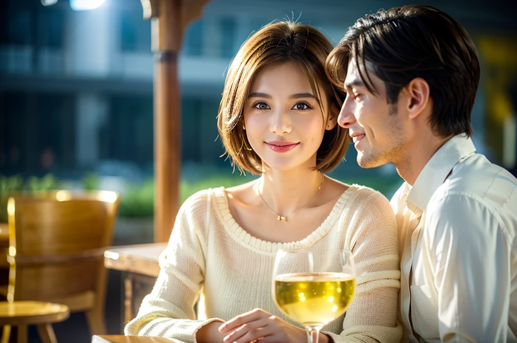 ((Highest quality、、masterpiece:1.3))、1 male 1 female、Satomi Ishihara、37 years old、Pink Couple、smile、 (Slim face), (the body is スリム), (Brown Hair), (Shortcuts), テーブルのフルコースディナーとwine glass、Amazing view of the sunset sky and clouds、smileの美しさ、Wine bottle、sparkling wine、Long sleeve shirt、dress、White wine, red wine, wine glass,