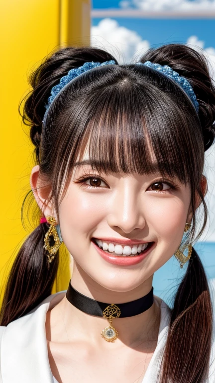 (realistic, photo-realistic:1.2), (masterpiece, best quality), high resolution, intricate details, extremely detailed, sharp focus, professional lighting, (portrait), solo, 1girl, a Japanese female idol, (yellow clothes, idol costume), dark hair, (pigtails hair, straight hair, hair scrunchie, blunt bangs:1.2), (detailed face, beautiful detailed eyes, sophisticated nose, beautiful pupils), ((cheerful grin, teeth out)), pale skin, fine-textured skin, (choker, jewelry), photo background, indoors, outdoors, blue sky and clouds,,,[Aki Suda,Cho-Tokimeki-Sendenbu]